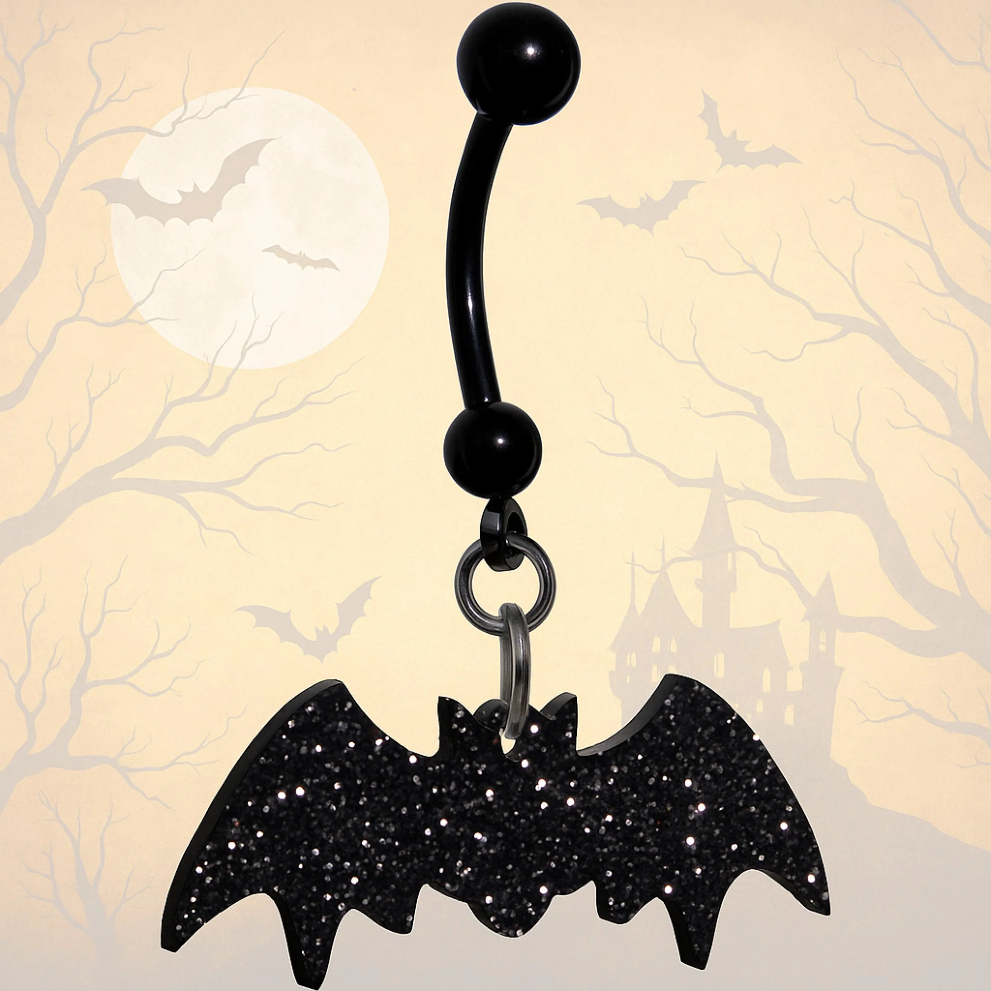 Glittery Black Bat Dangle Belly Ring - Image 3