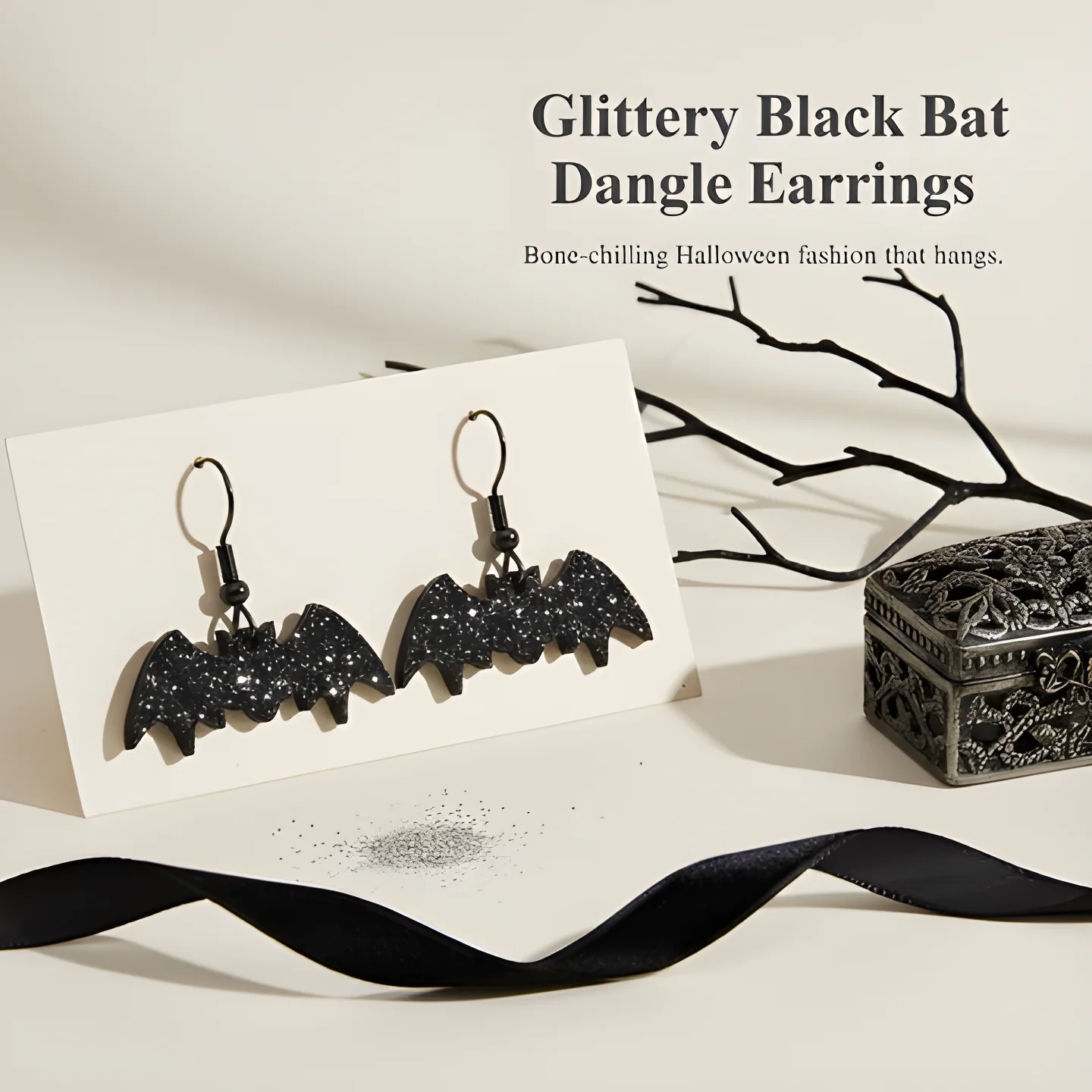 Glittery Black Bat Dangle Earrings - Image 2