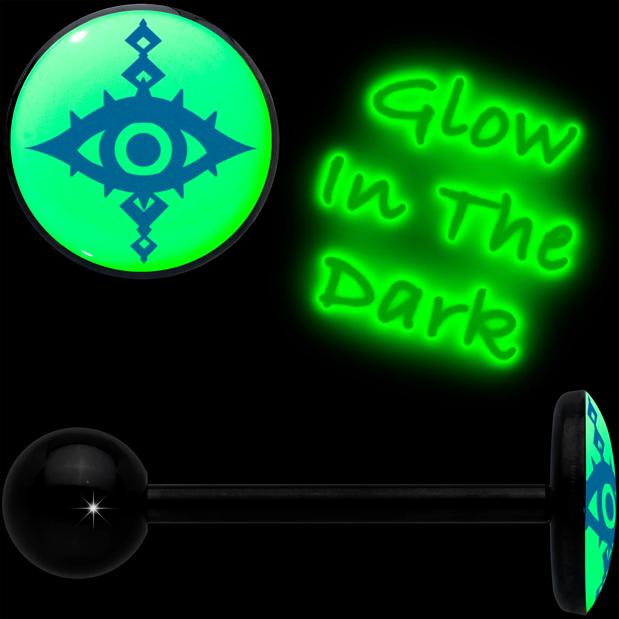 Glow in the Dark Black Anodized Evil Eye Barbell Tongue Ring by Onyx O - Image 2
