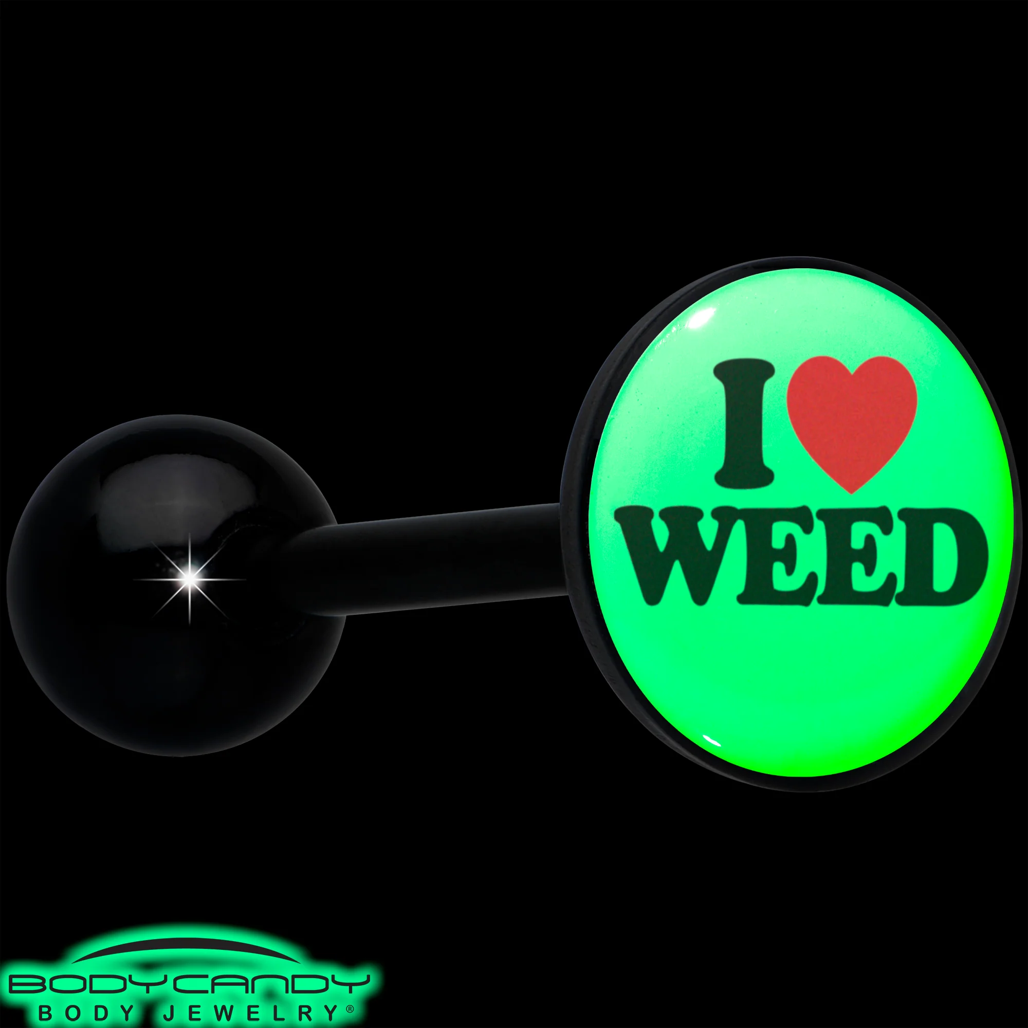 Glow in the Dark Black Anodized I Love Weed Barbell Tongue Ring by Onyx O - Image 6