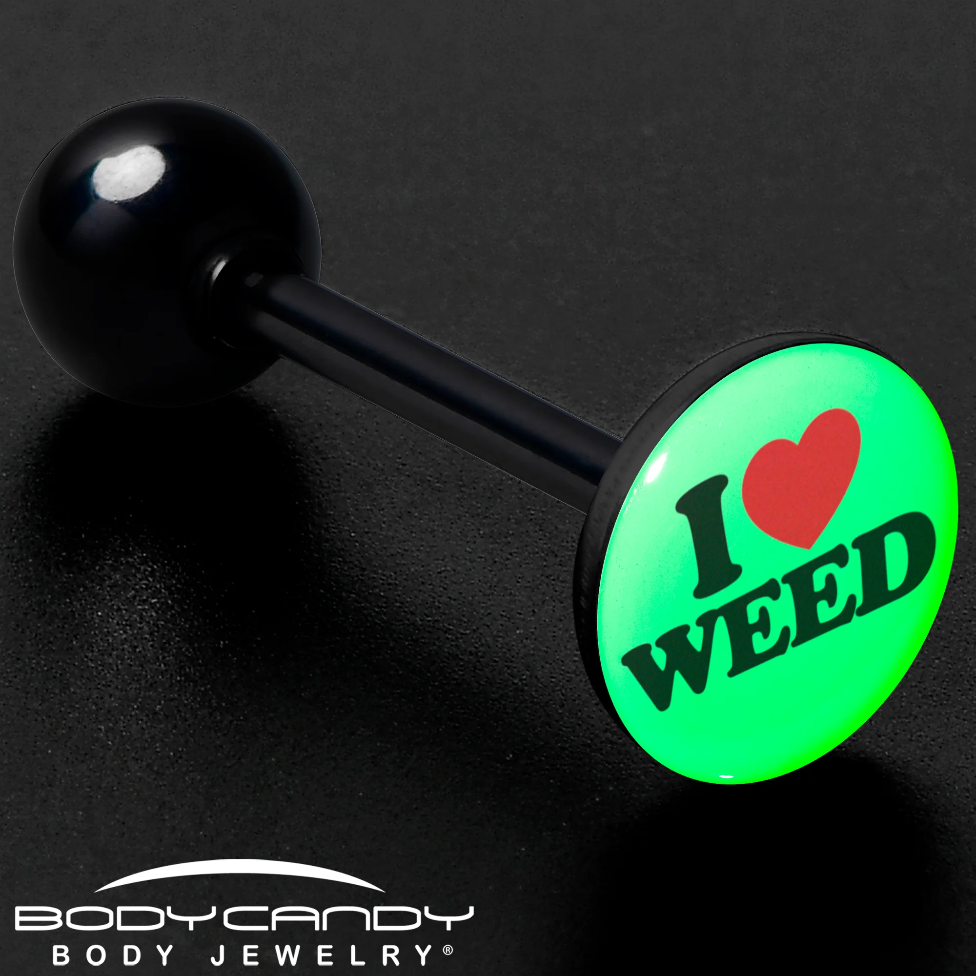 Glow in the Dark Black Anodized I Love Weed Barbell Tongue Ring by Onyx O - Image 8