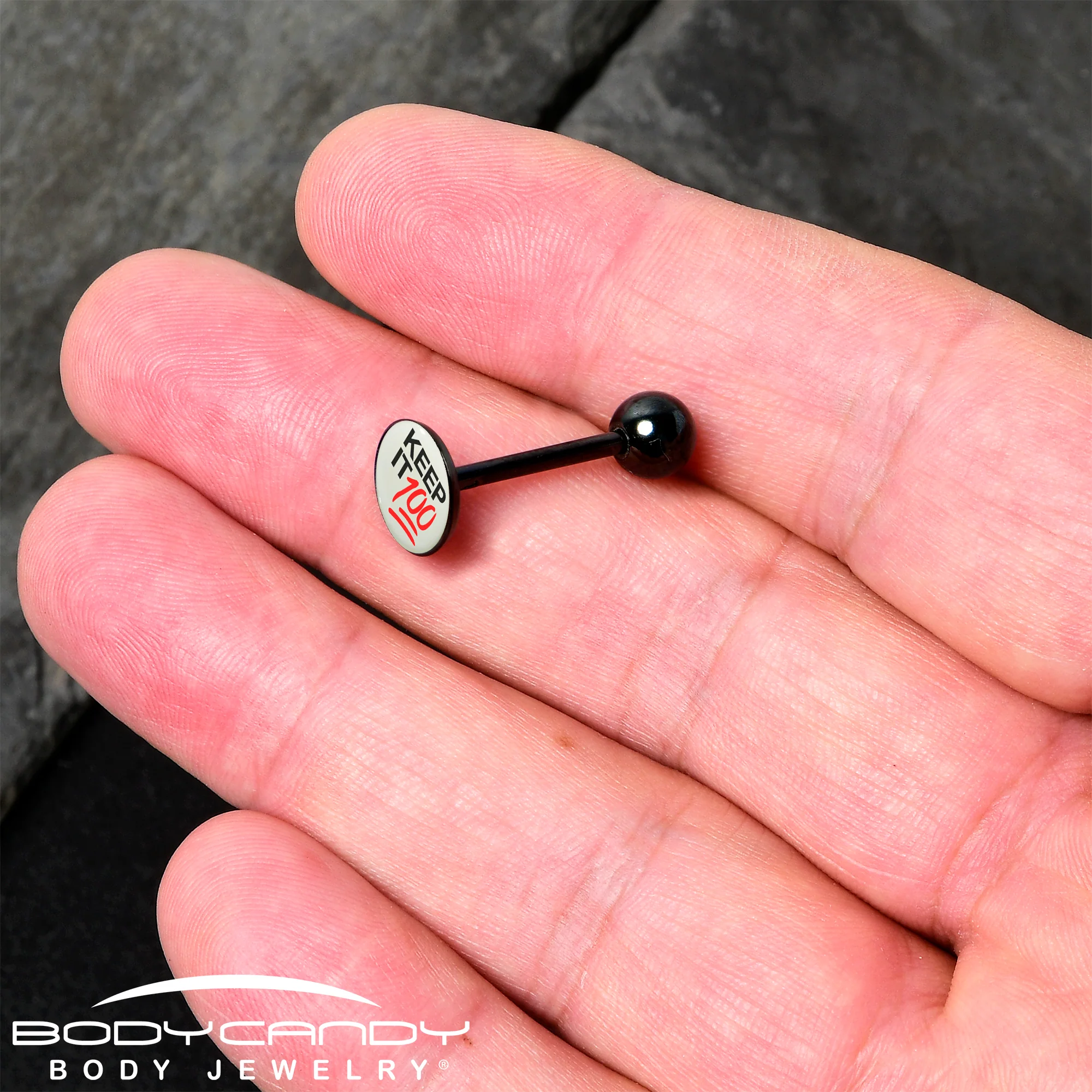 Glow in the Dark Black Anodized Keep it 100 Barbell Tongue Ring by Onyx O - Image 4