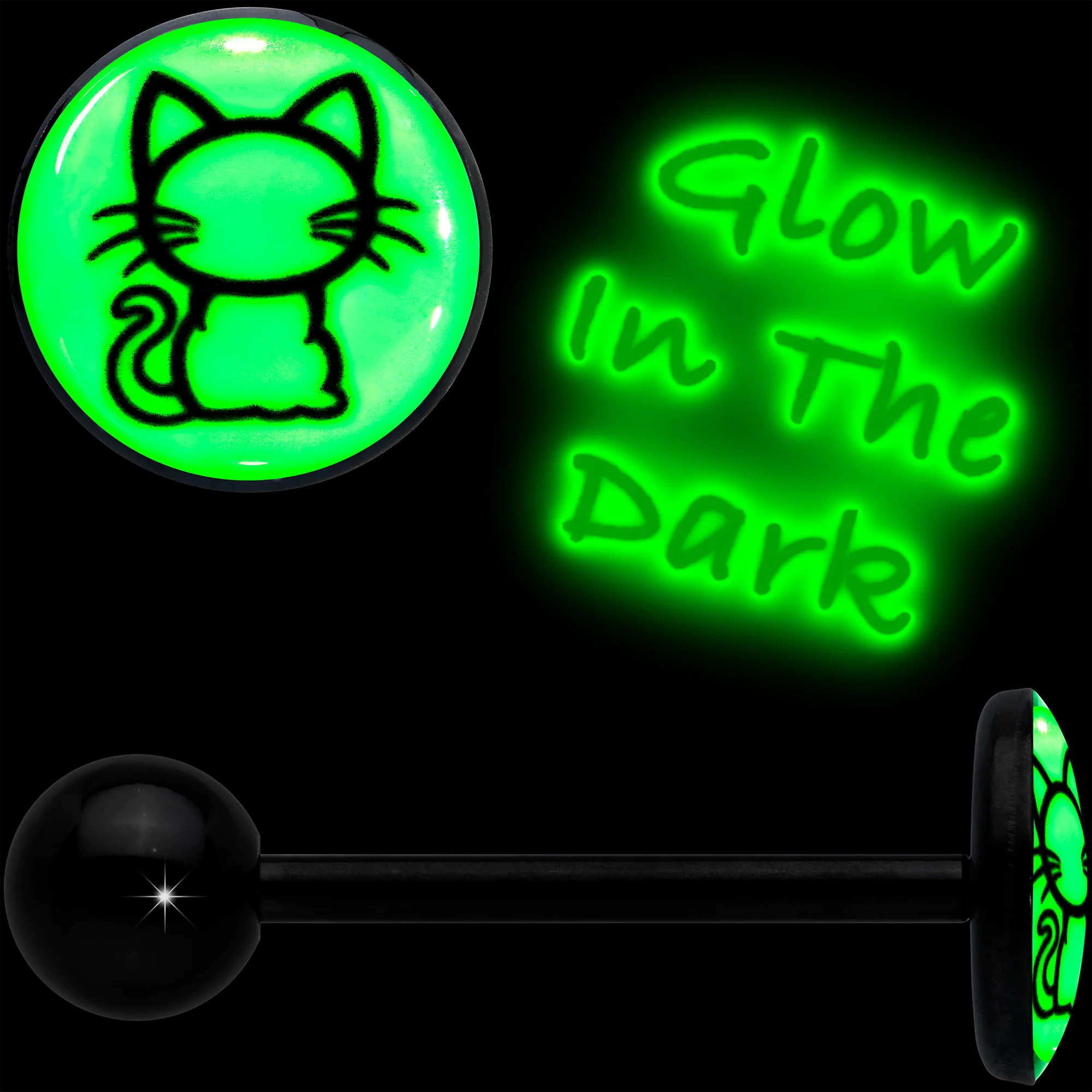 Glow in the Dark Black Anodized Kitty Cat Barbell Tongue Ring by Onyx O - Image 2