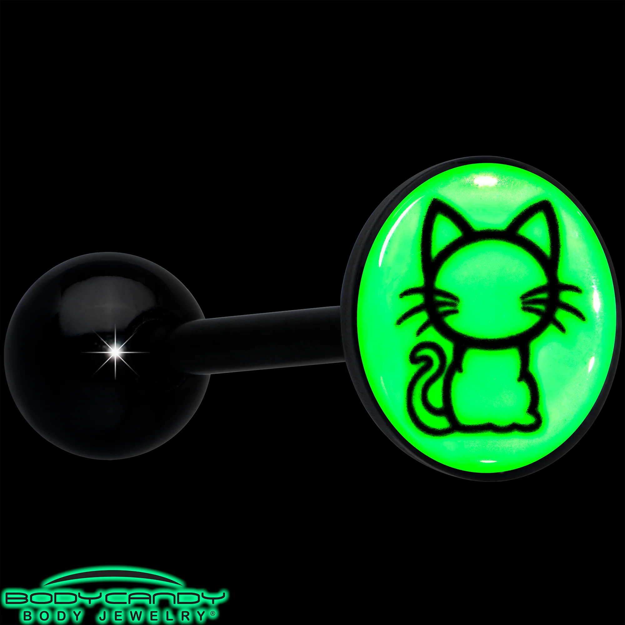 Glow in the Dark Black Anodized Kitty Cat Barbell Tongue Ring by Onyx O - Image 6