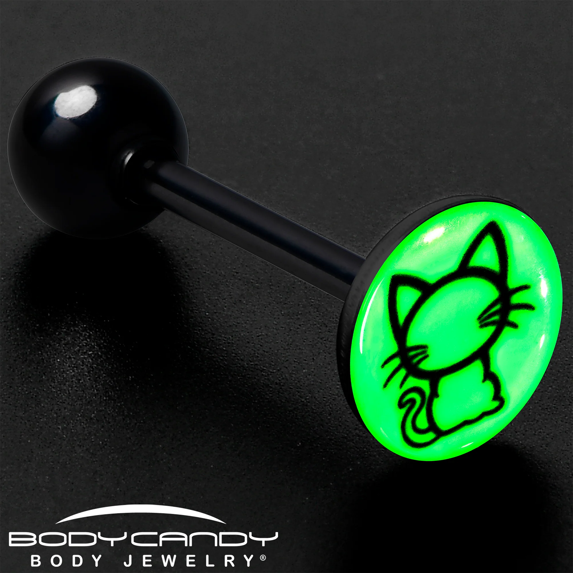 Glow in the Dark Black Anodized Kitty Cat Barbell Tongue Ring by Onyx O - Image 8