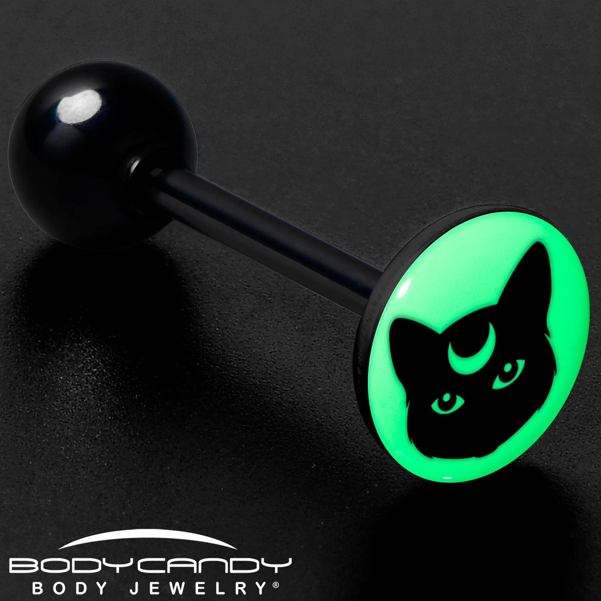 Glow in the Dark Black Anodized Mystic Kitty Cat Barbell Tongue Ring by Onyx O - Image 8