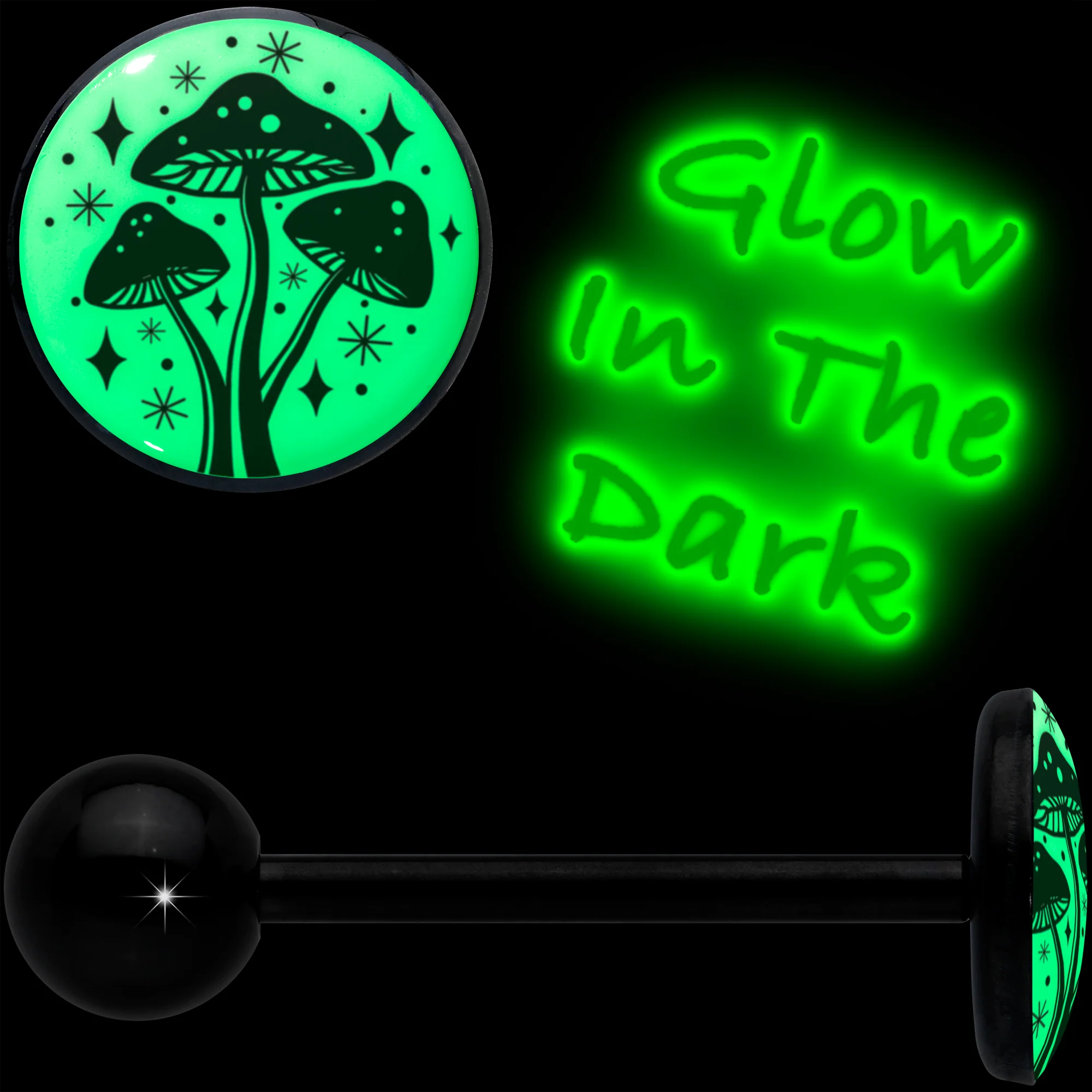 Glow in the Dark Black Anodized Mystic Mushroom Barbell Tongue Ring by Onyx O - Image 2