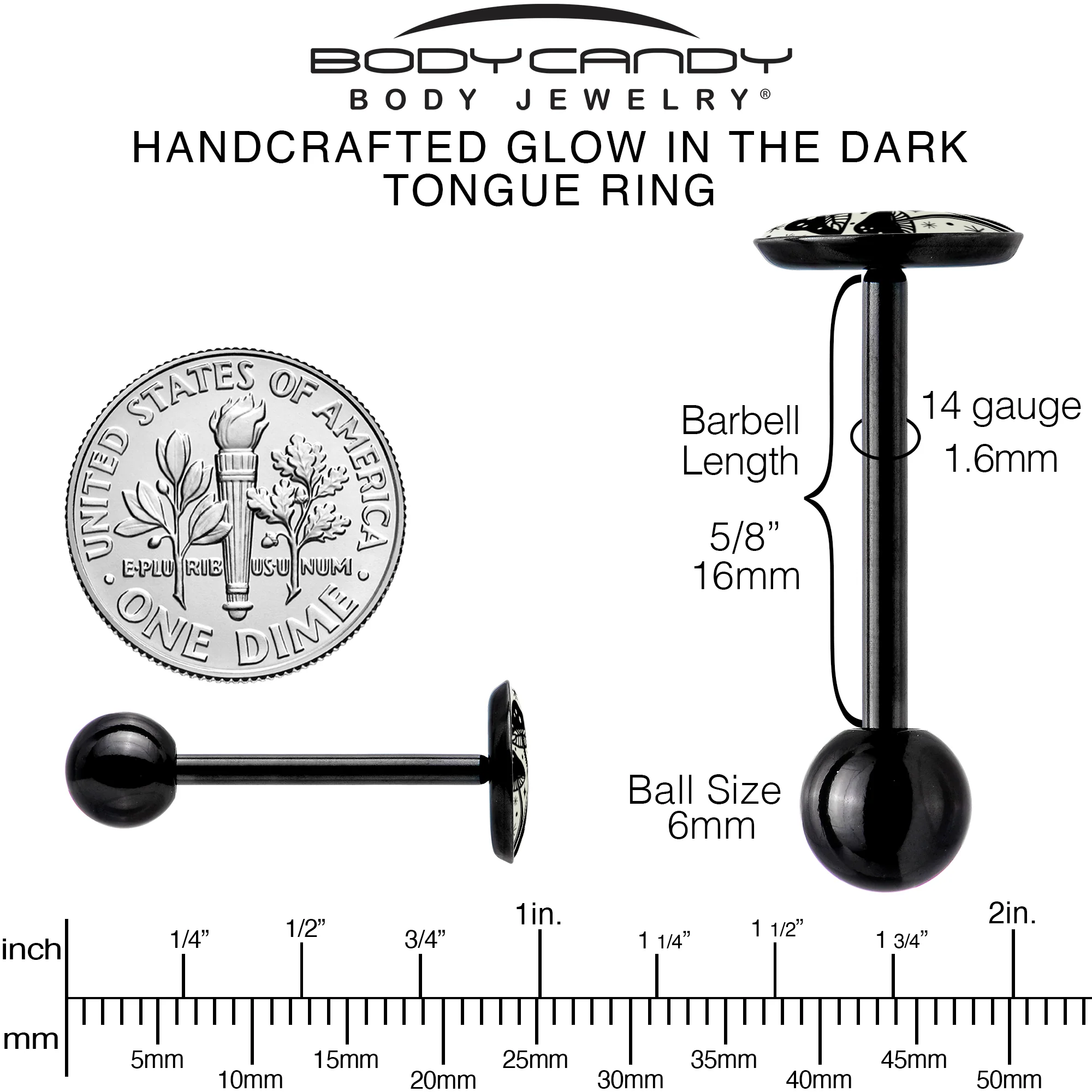 Glow in the Dark Black Anodized Mystic Mushroom Barbell Tongue Ring by Onyx O - Image 7