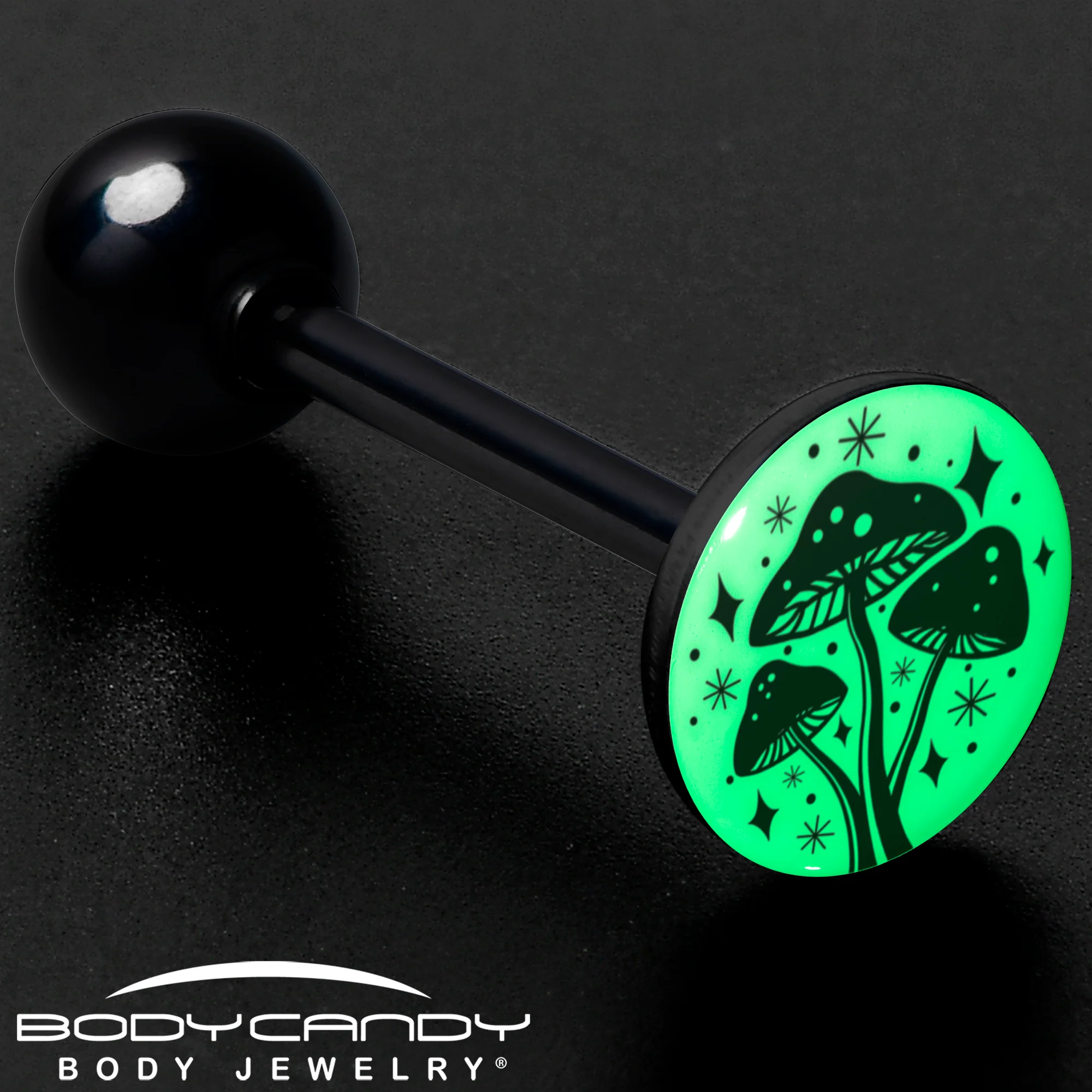 Glow in the Dark Black Anodized Mystic Mushroom Barbell Tongue Ring by Onyx O - Image 8