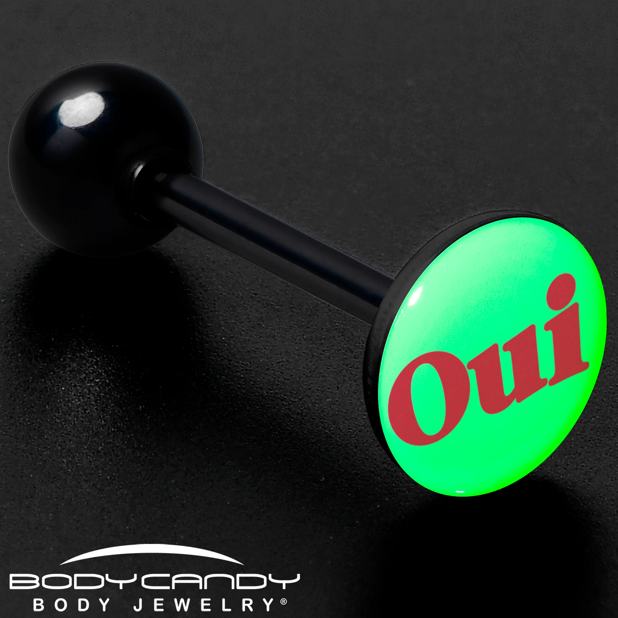 Glow in the Dark Black Anodized OUI Barbell Tongue Ring by Onyx O - Image 8