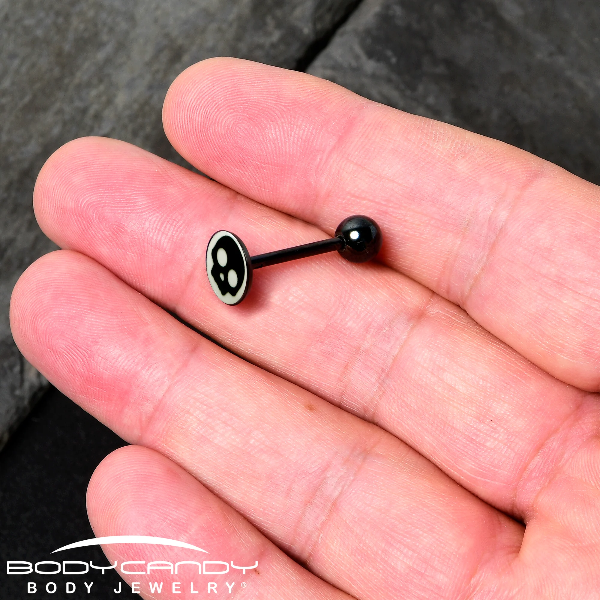 Glow in the Dark Black Anodized Simple Skull Barbell Tongue Ring by Onyx O - Image 4