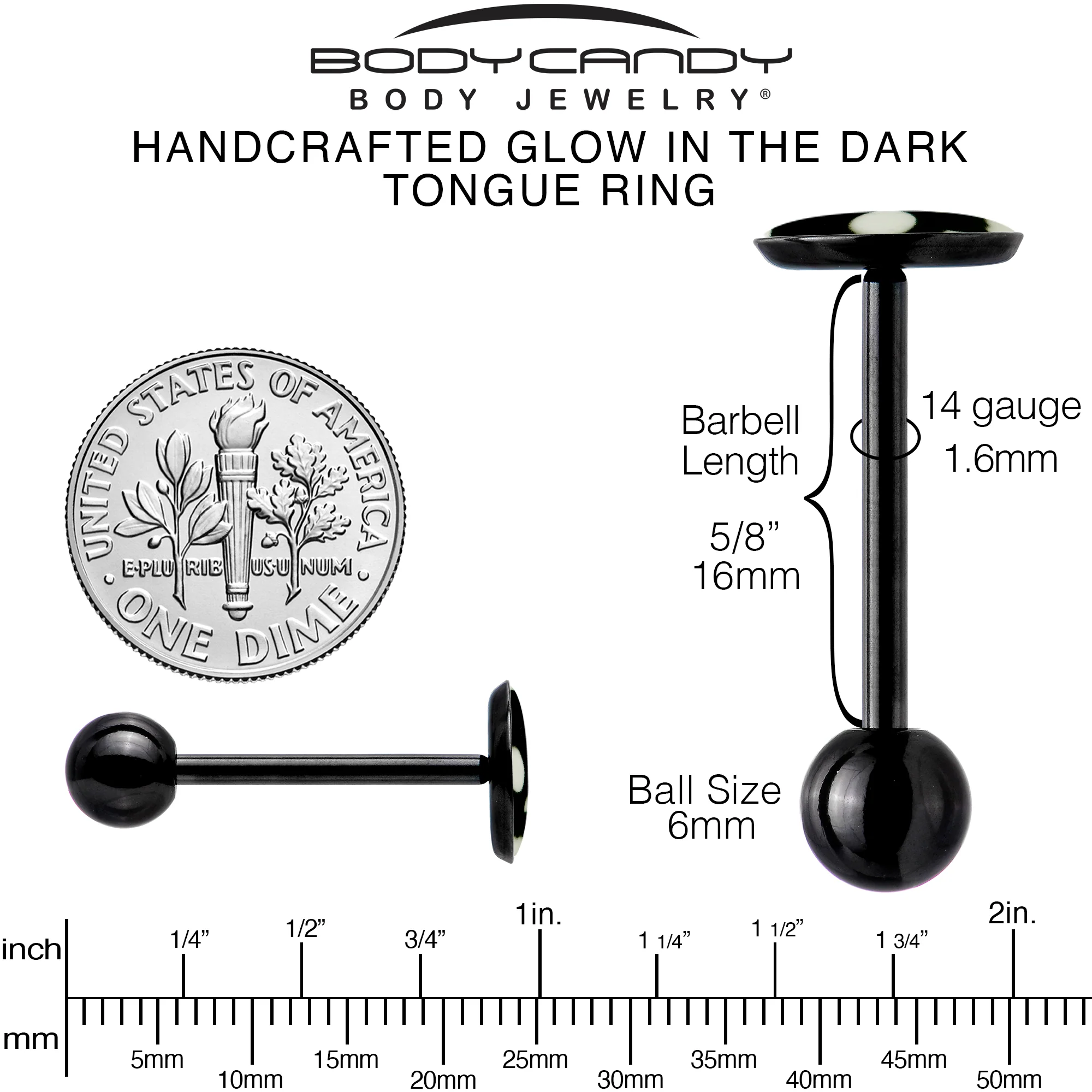 Glow in the Dark Black Anodized Simple Skull Barbell Tongue Ring by Onyx O - Image 7