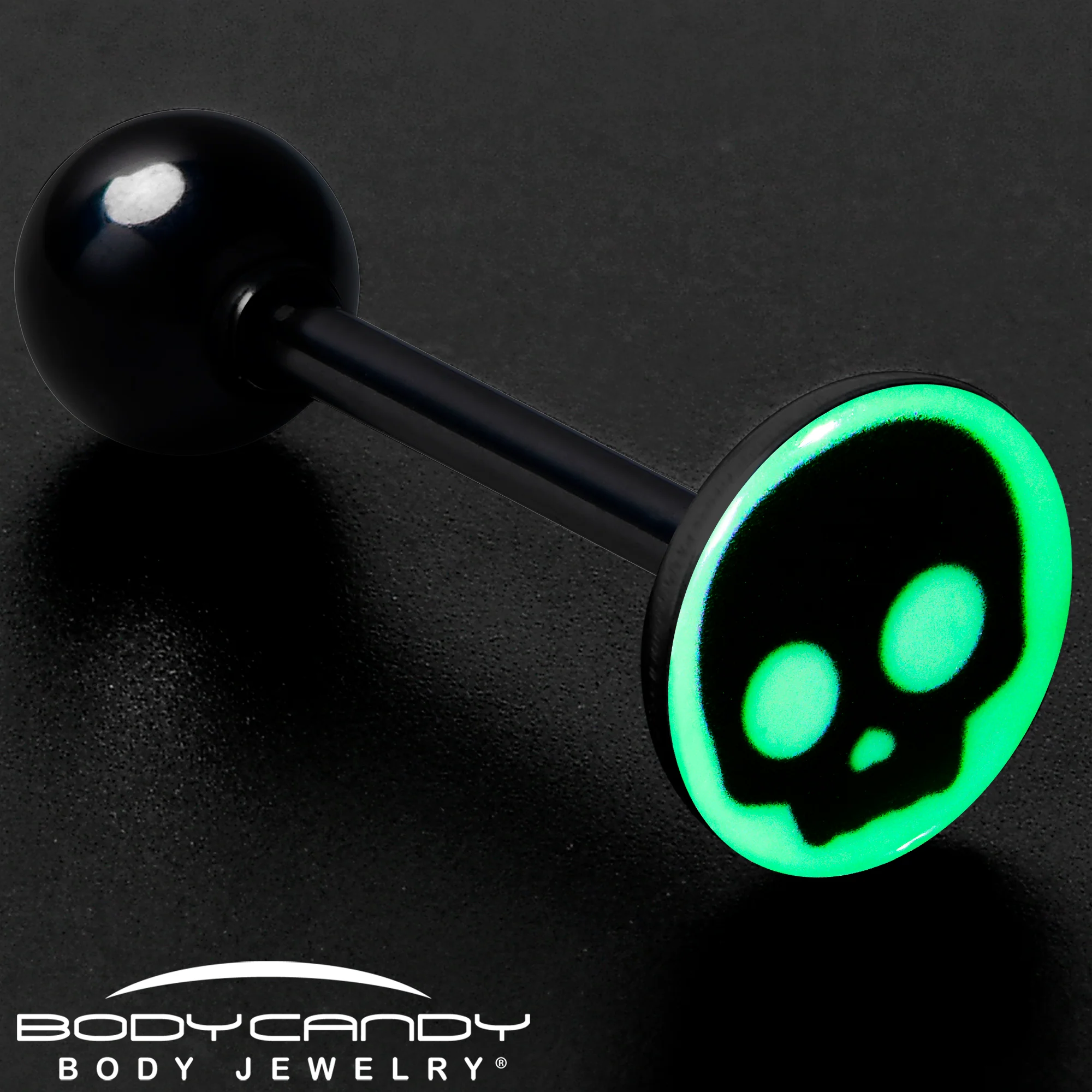 Glow in the Dark Black Anodized Simple Skull Barbell Tongue Ring by Onyx O - Image 8