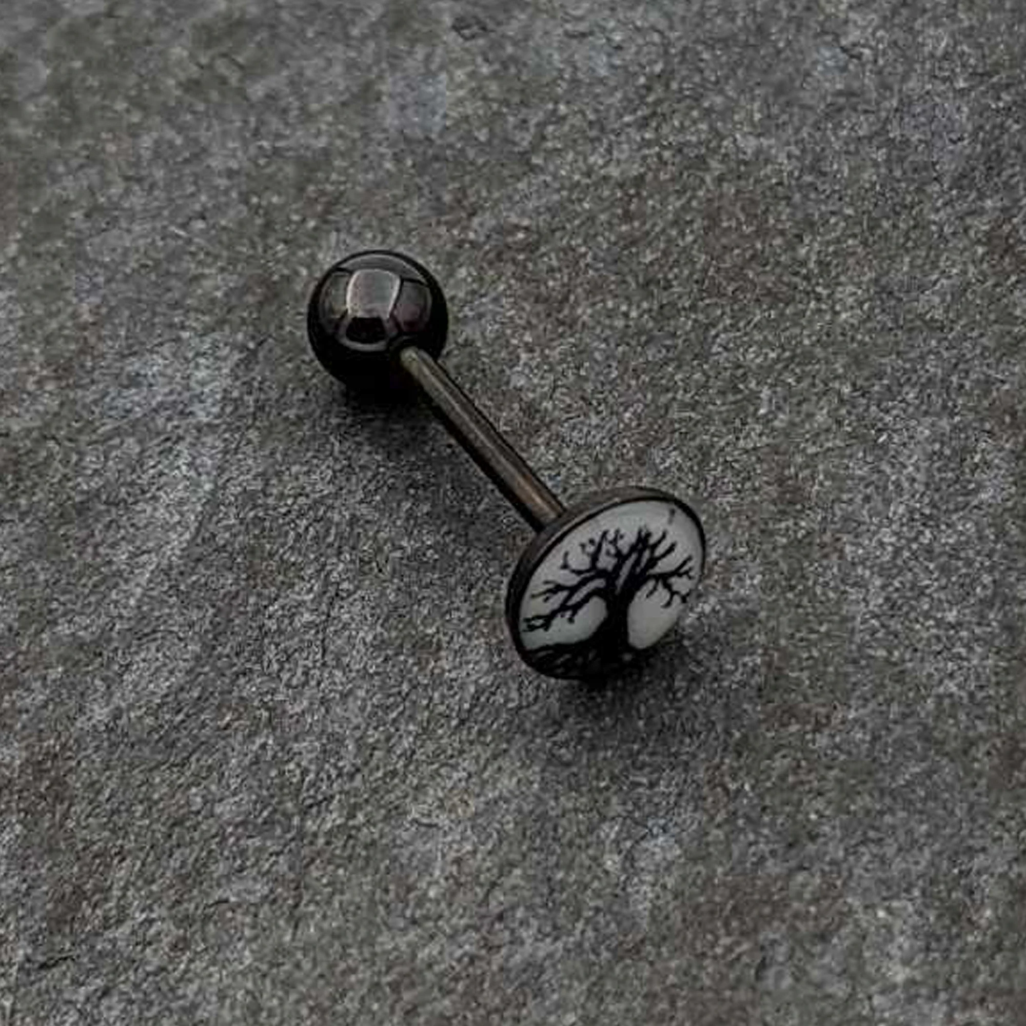 Glow in the Dark Black Anodized Tree of Life Barbell Tongue Ring by Onyx O - Image 6