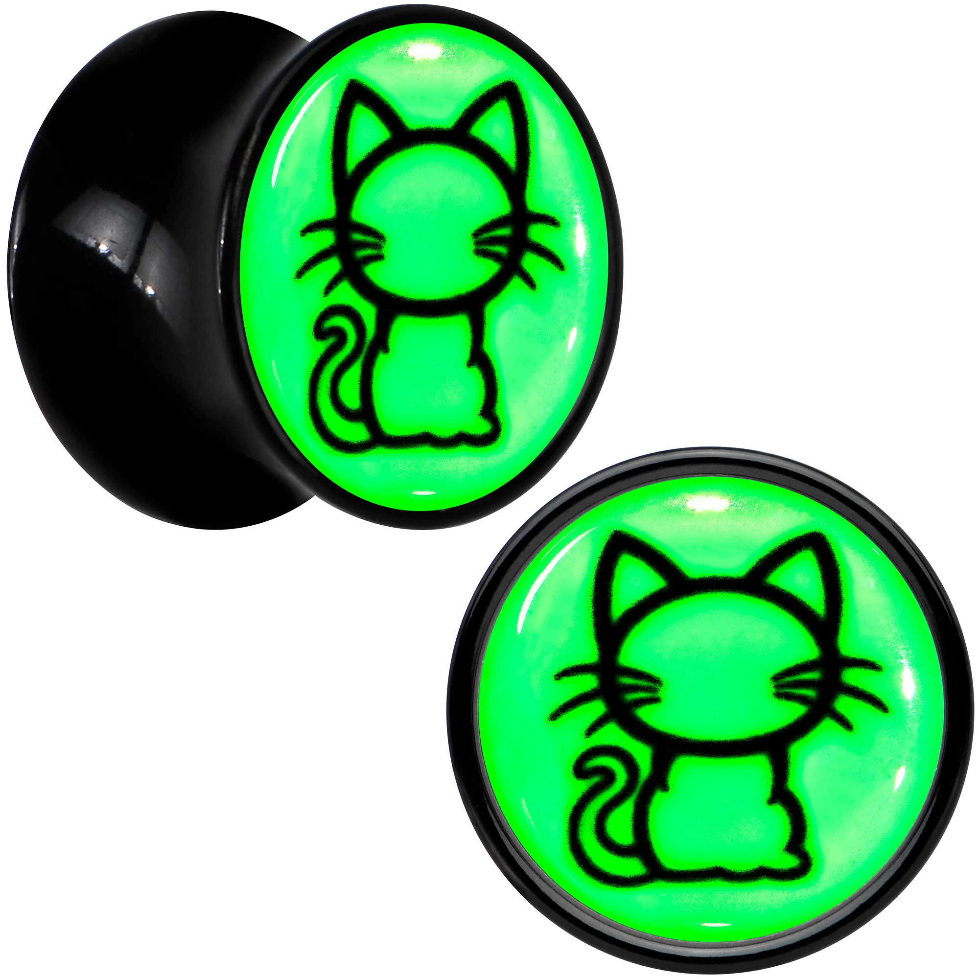 Glow in the Dark Kitty Cat Black Acrylic Saddle Plug Set 8mm to 20mm by Onyx O - Image 3
