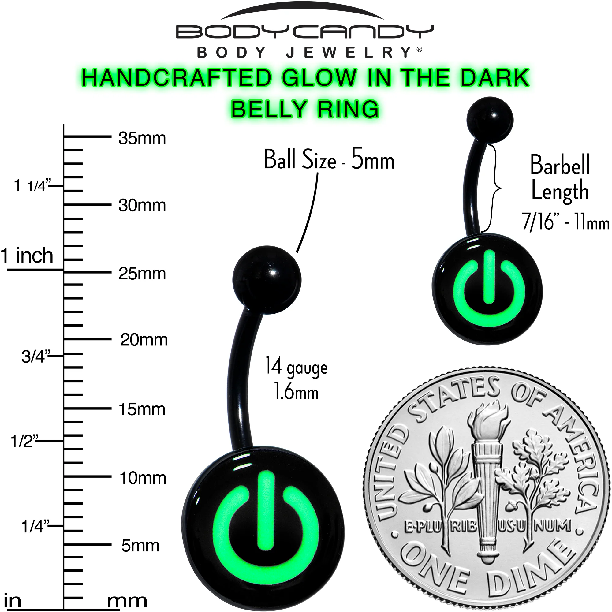 Glow in the Dark Titanium Power Button Belly Ring - Image 10