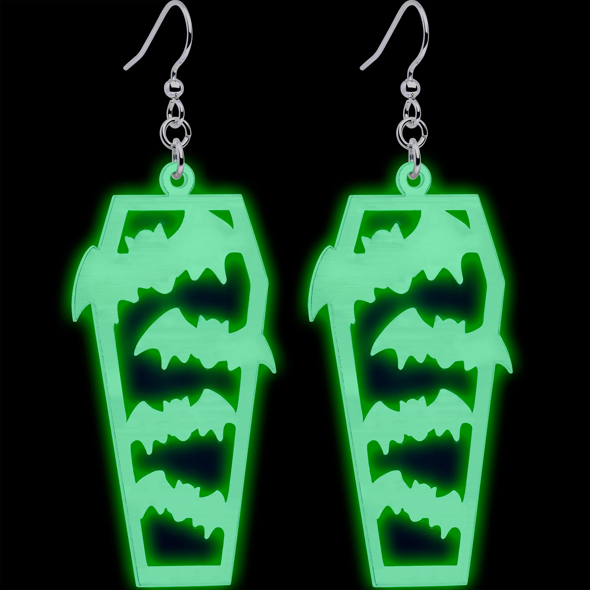 Glowing Bats Coffin Glow in the Dark Dangle Earrings by Onyx O - Image 2