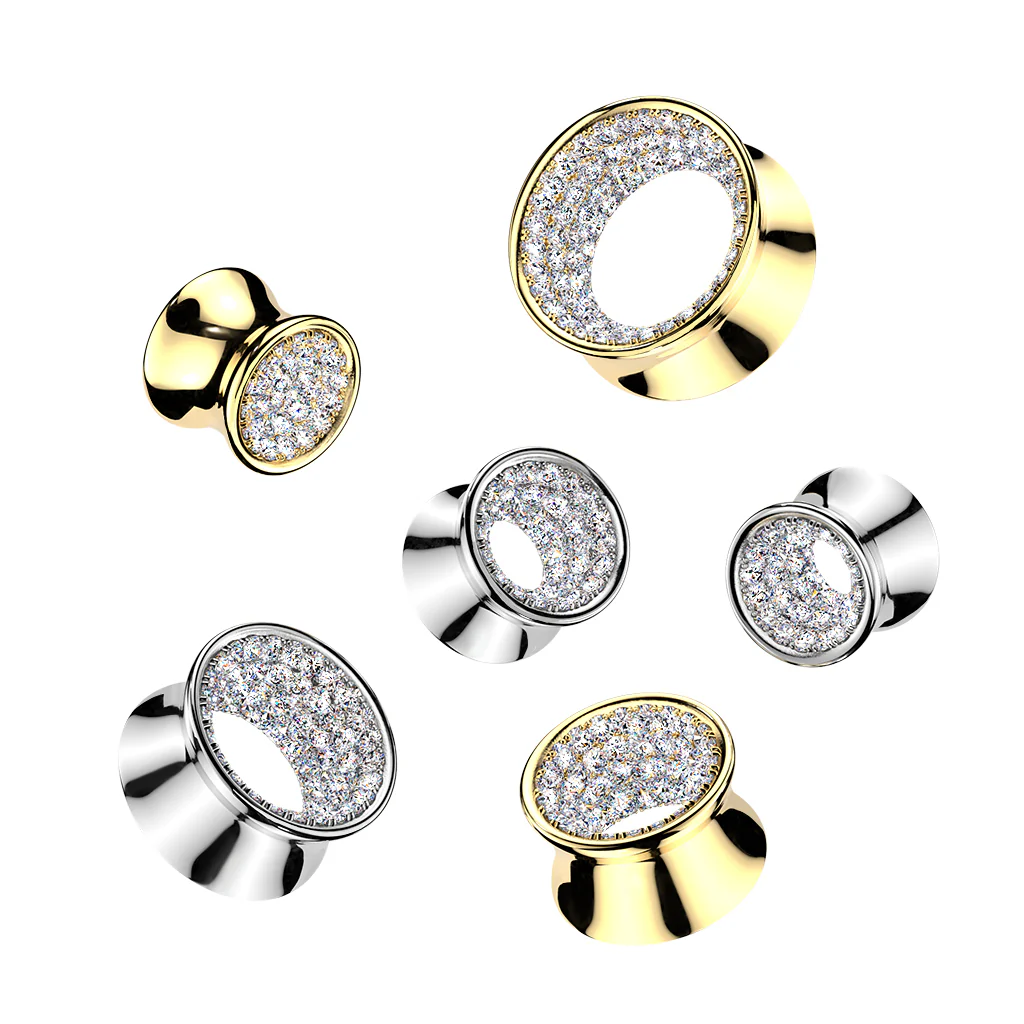 18k Gold Plated Brass CZ Paved Double Flare Tunnel Plug Set 10mm to 19mm