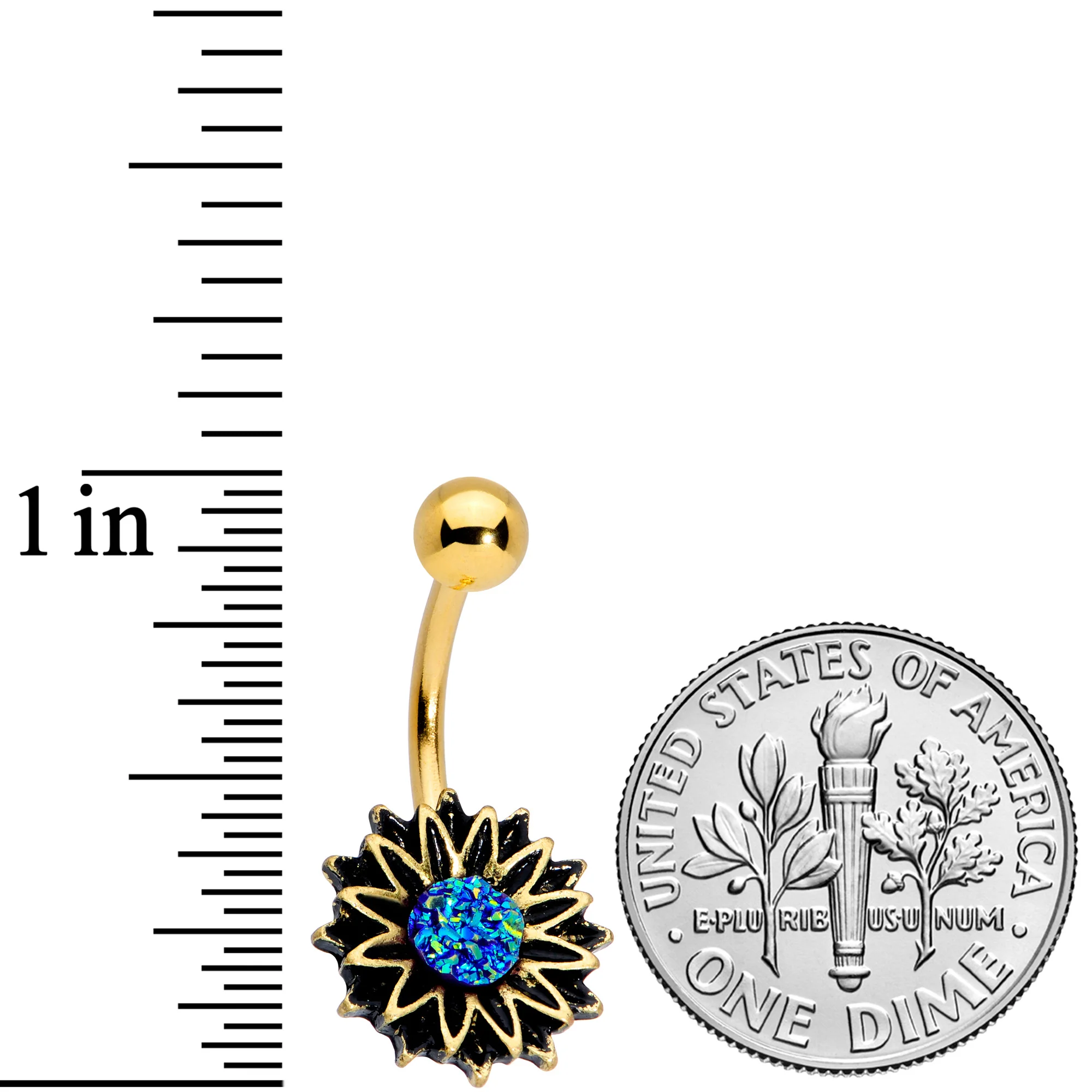 Gold Tone Aqua Center Sunburst Flower Belly Ring - Image 4