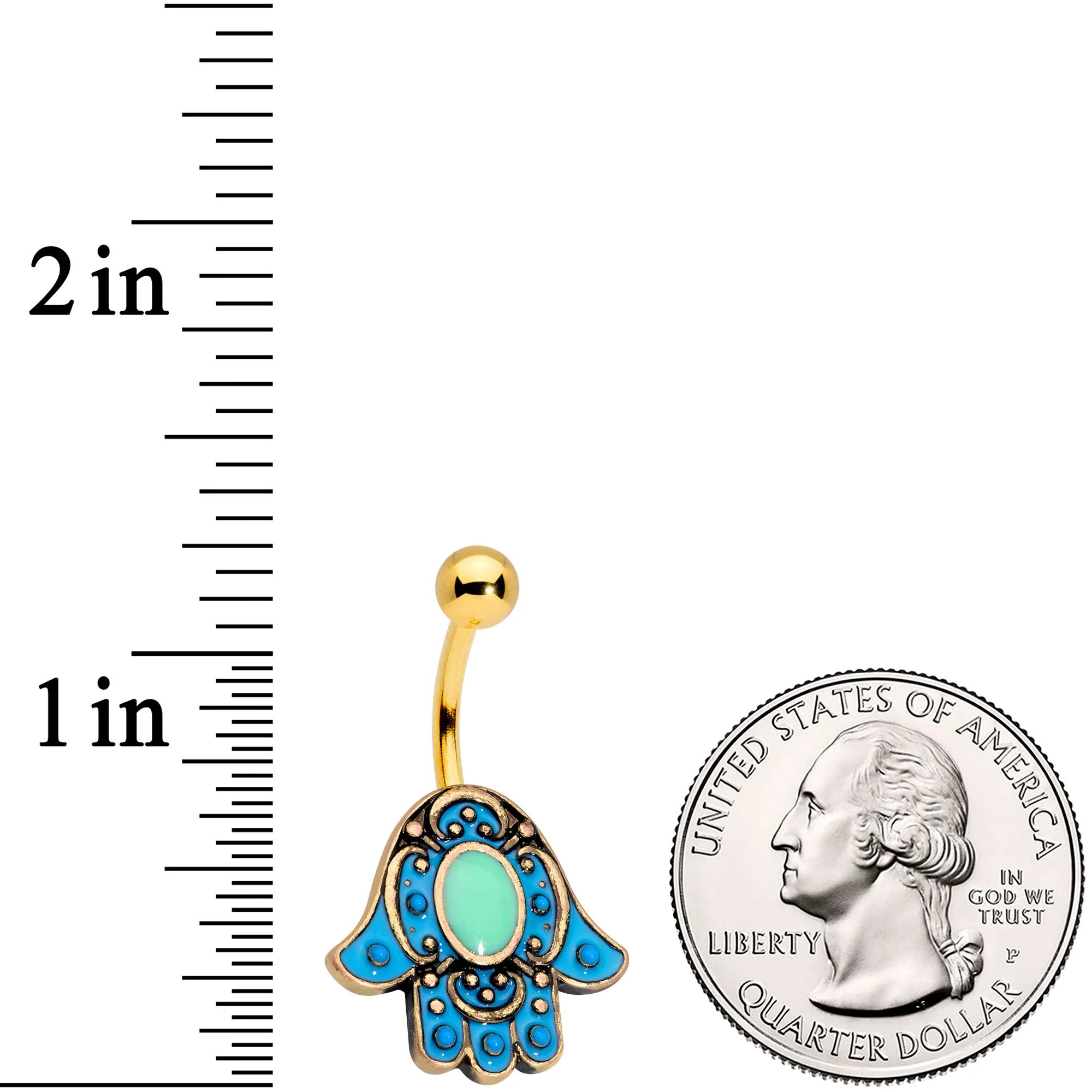 Gold Tone Aqua Ornate Hamsa Hand Belly Ring - Image 3