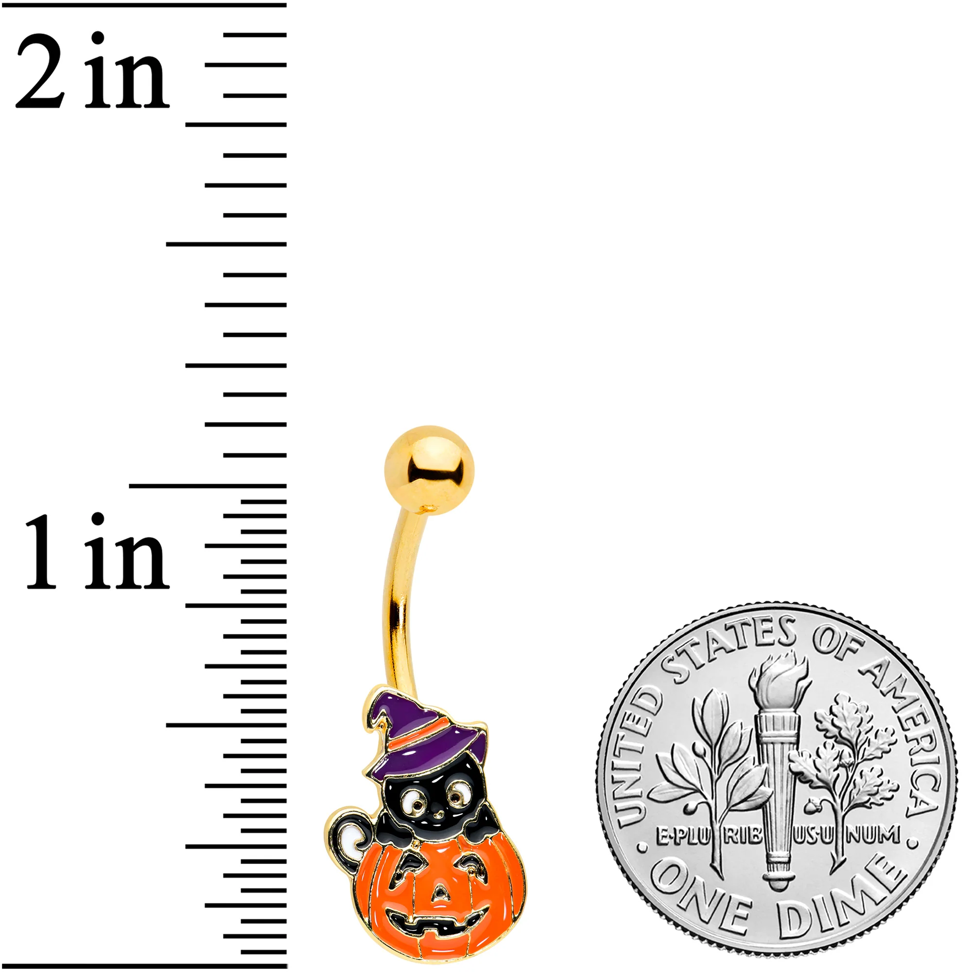 Gold Tone Black Cat Witch Pumpkin Halloween Belly Ring - Image 2