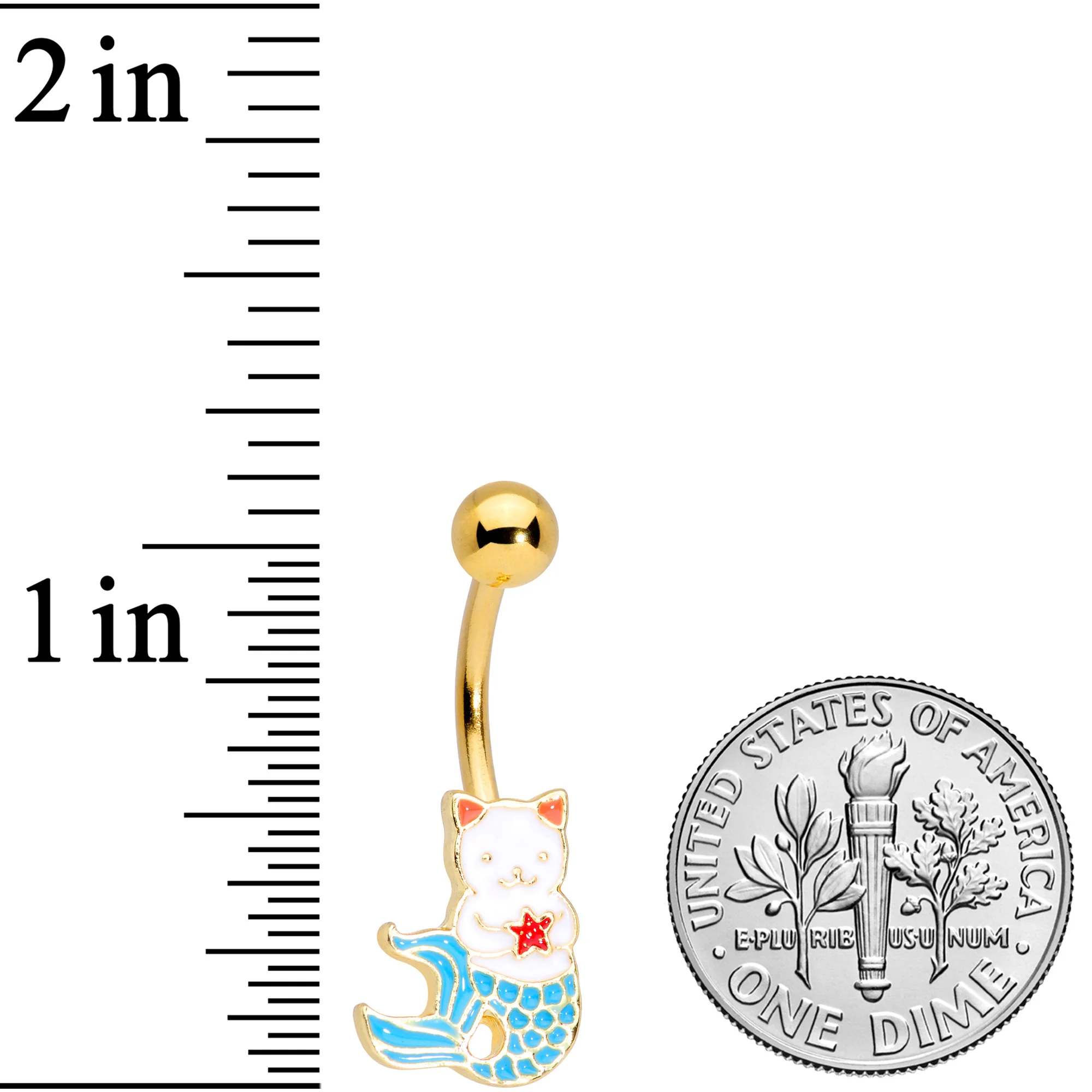 Gold Tone Blue Star Kitty Cat Mermaid Belly Ring - Image 3