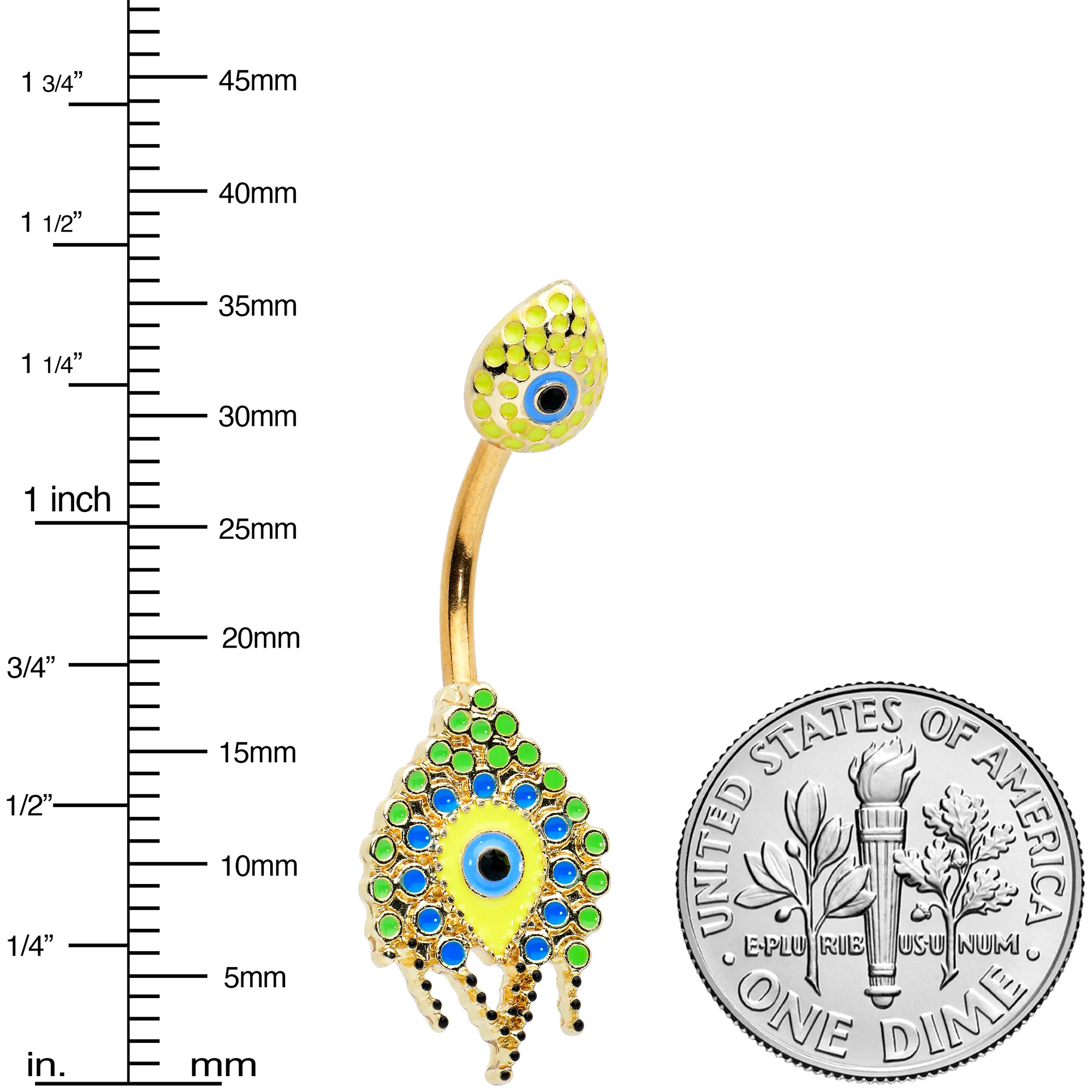 Gold Tone Bold Peacock Feather Double Mount Belly Ring - Image 3