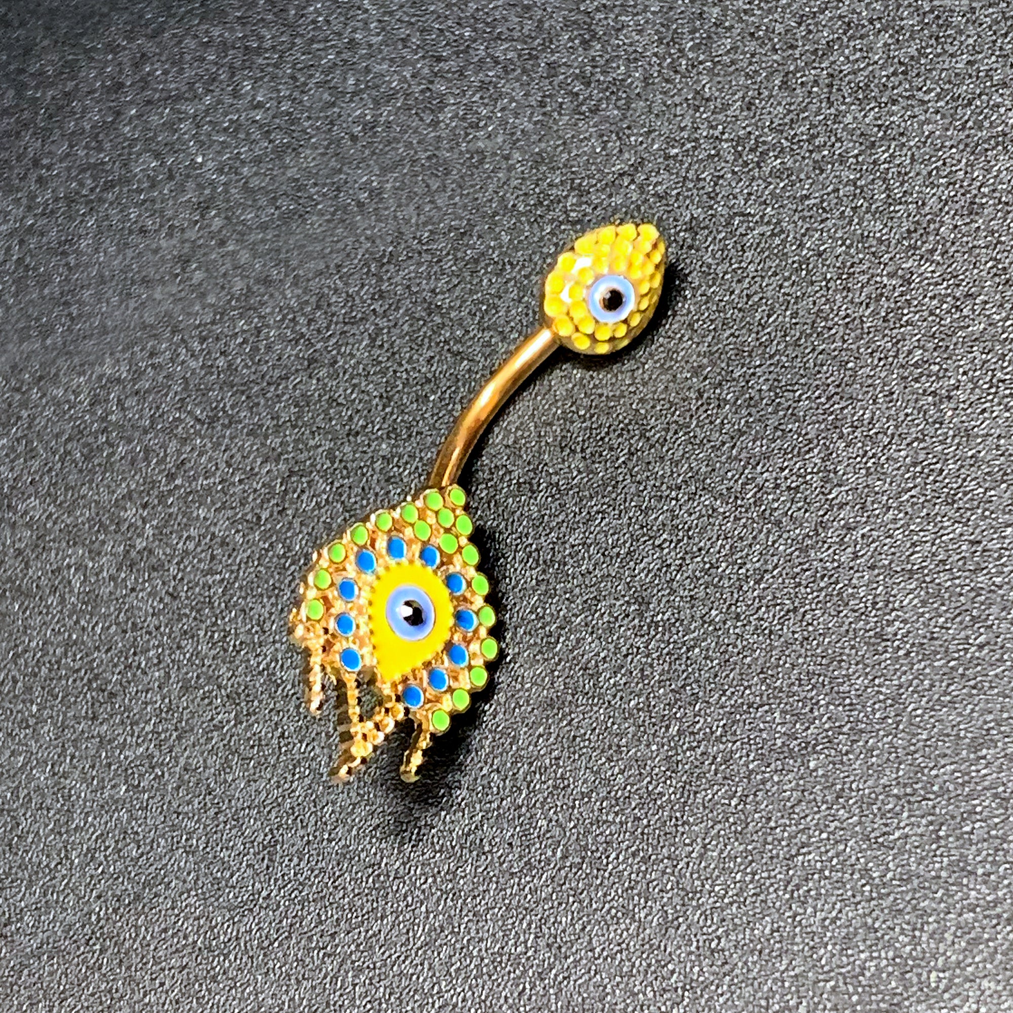 Gold Tone Bold Peacock Feather Double Mount Belly Ring - Image 4