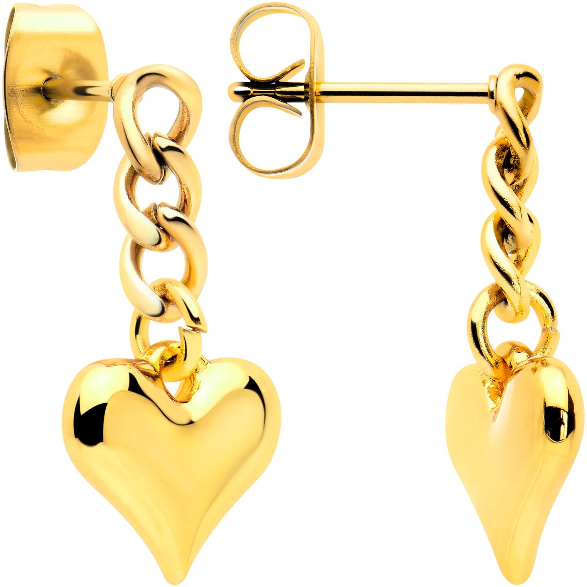 Gold Tone Chain Dangle Heart Stud Earrings - Image 2