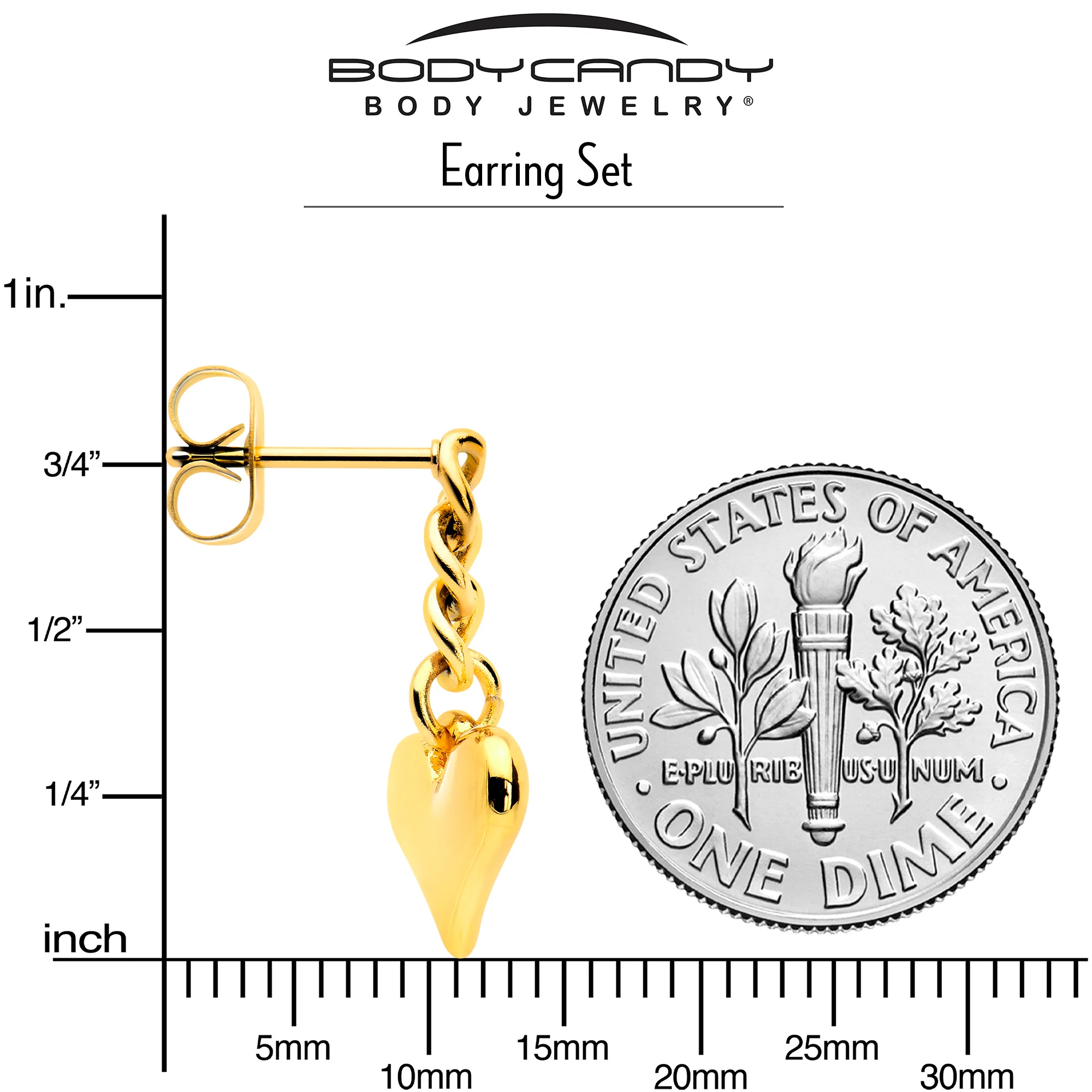 Gold Tone Chain Dangle Heart Stud Earrings - Image 4