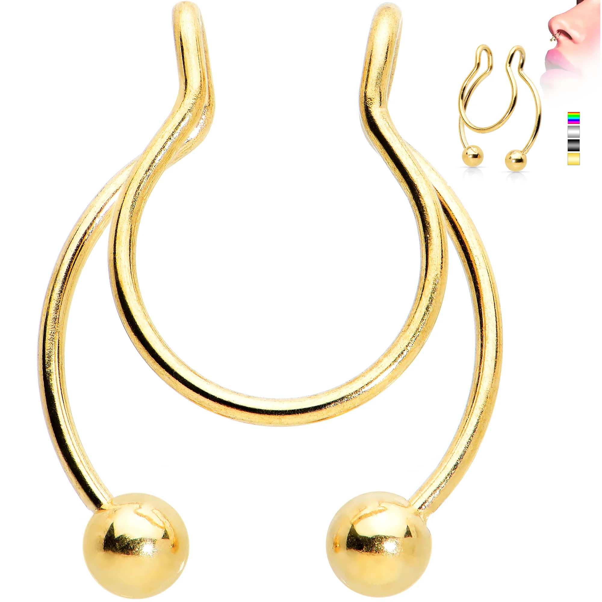 Gold Tone Horseshoe Ball Fake Septum Ring Nipple and Clip on Earring - Image 3