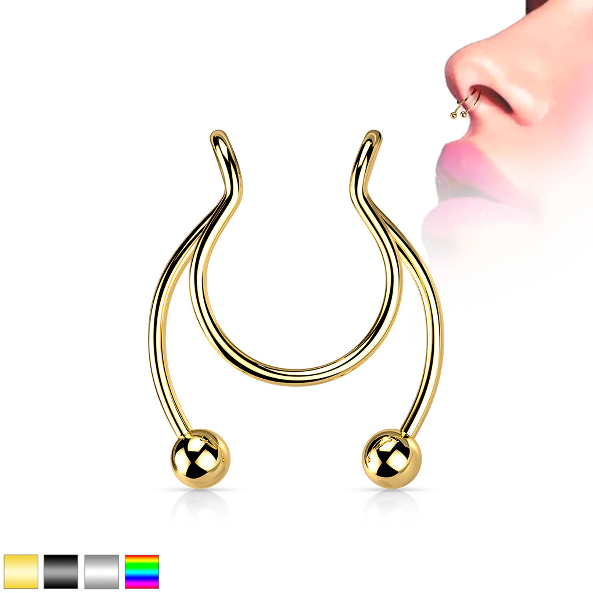 Gold Tone Horseshoe Ball Fake Septum Ring Nipple and Clip on Earring - Image 4
