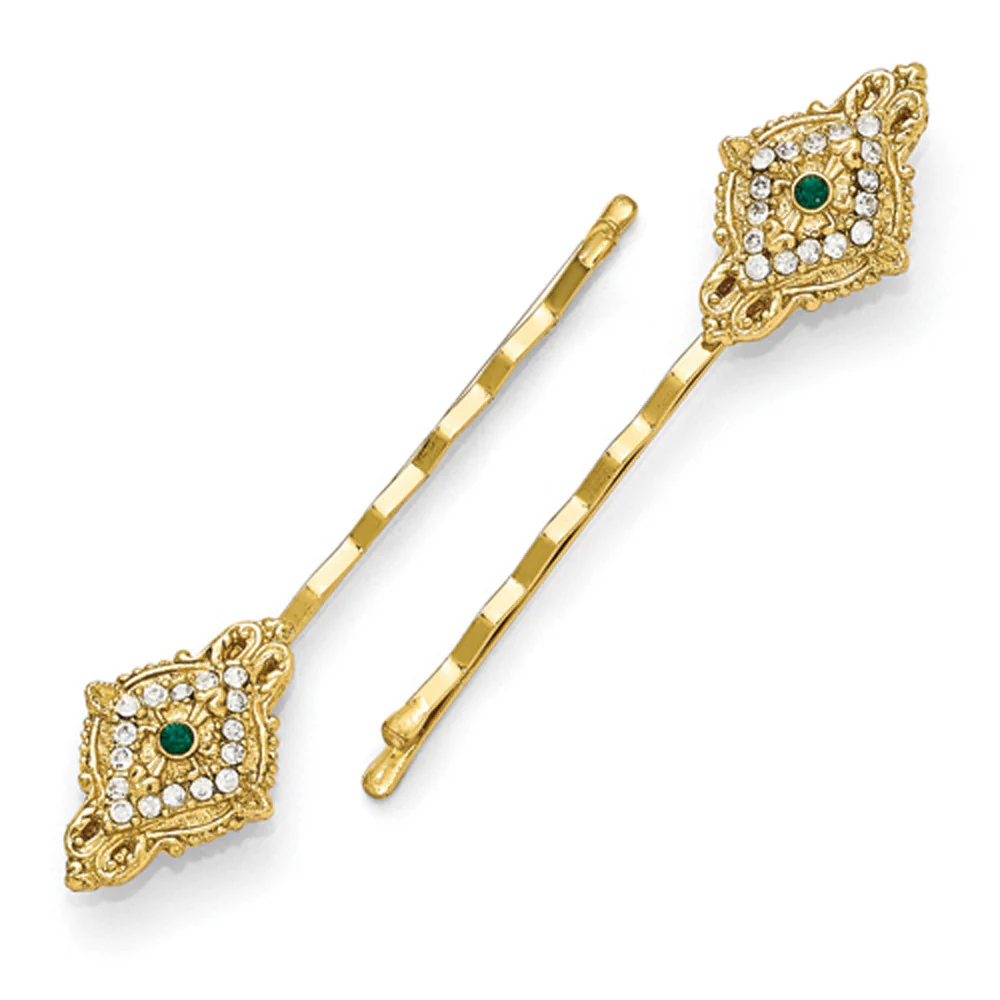 Gold Tone Downton Abbey Green Crystal Portcullis Hairpin Set