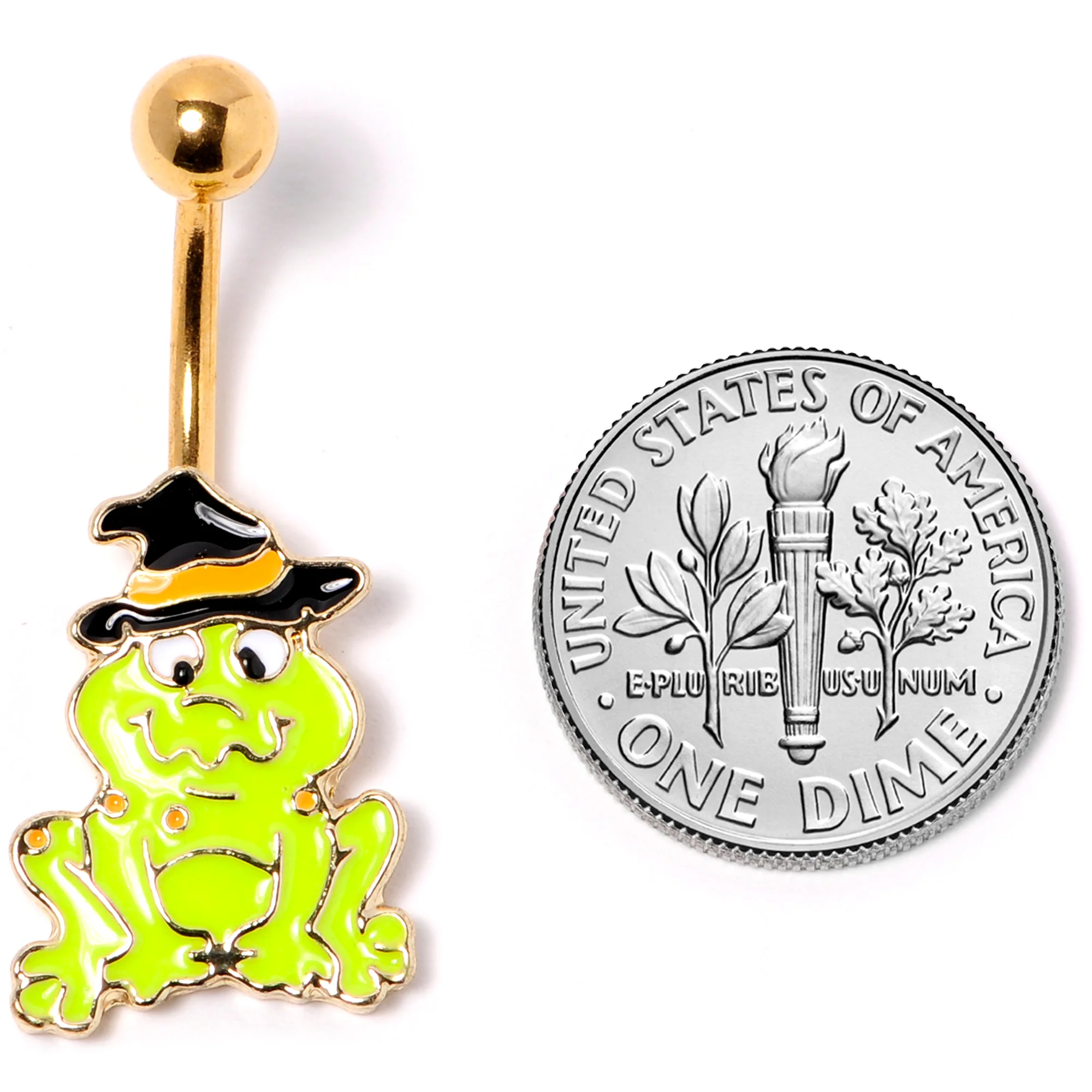 Gold Tone Ghastly Green Frog Witch Hat Halloween Belly Ring - Image 2