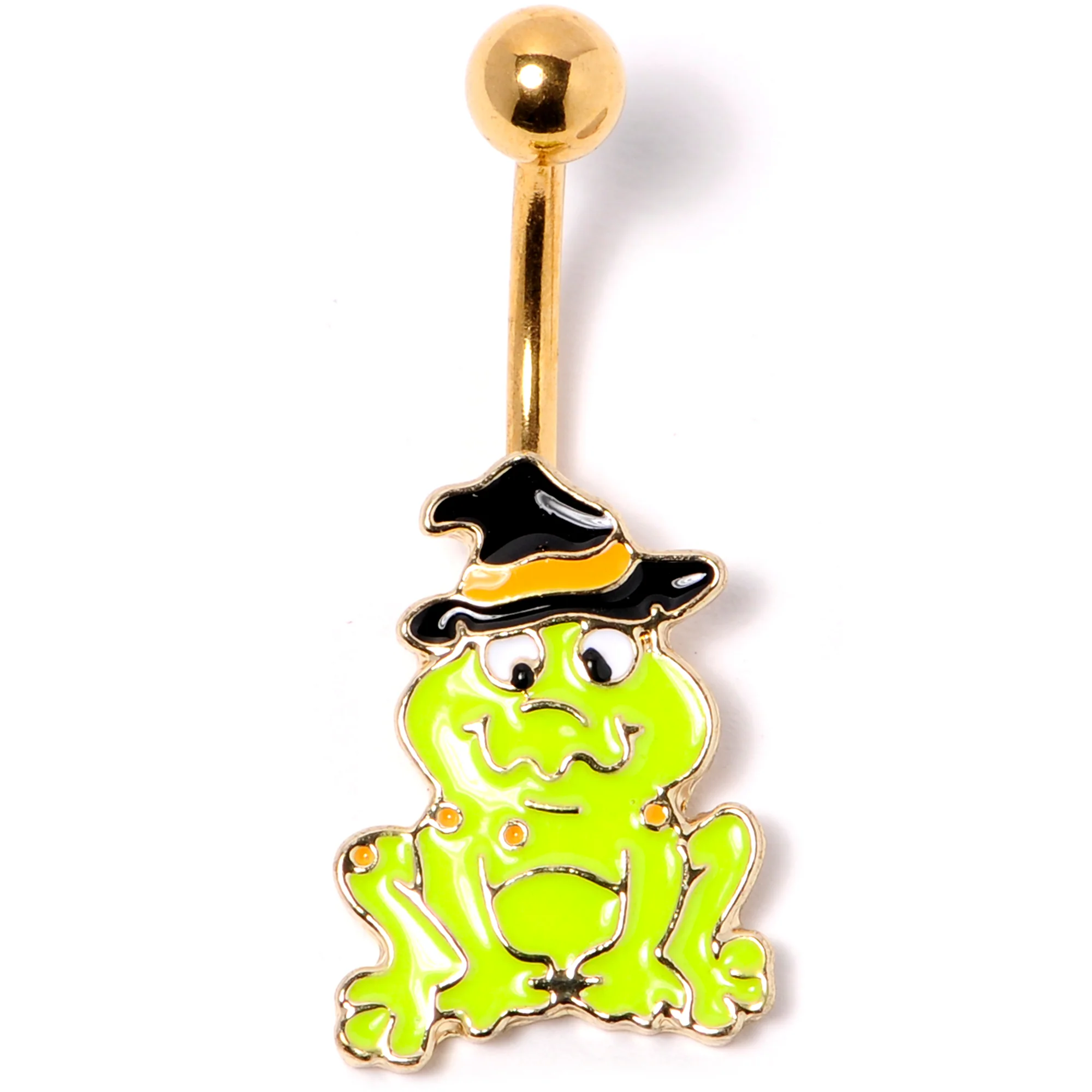 Gold Tone Ghastly Green Frog Witch Hat Halloween Belly Ring - Image 3