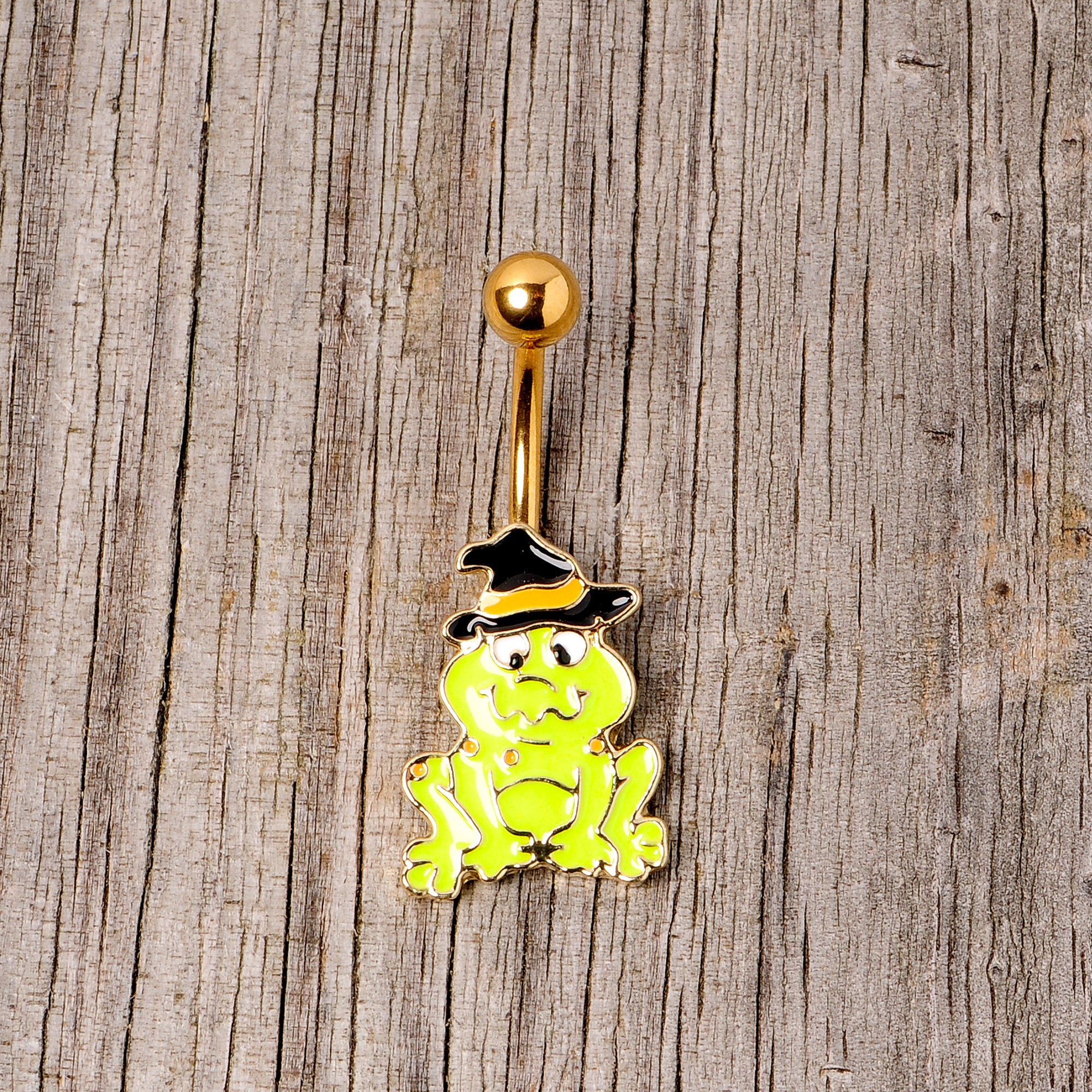 Gold Tone Ghastly Green Frog Witch Hat Halloween Belly Ring - Image 4