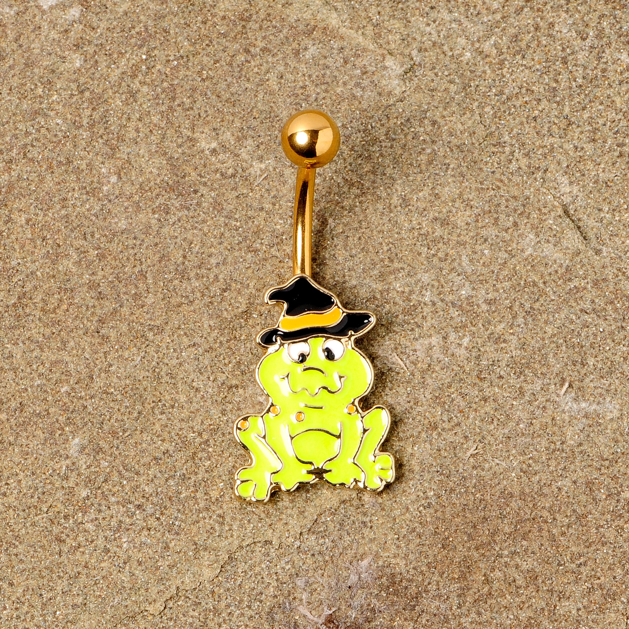 Gold Tone Ghastly Green Frog Witch Hat Halloween Belly Ring - Image 5