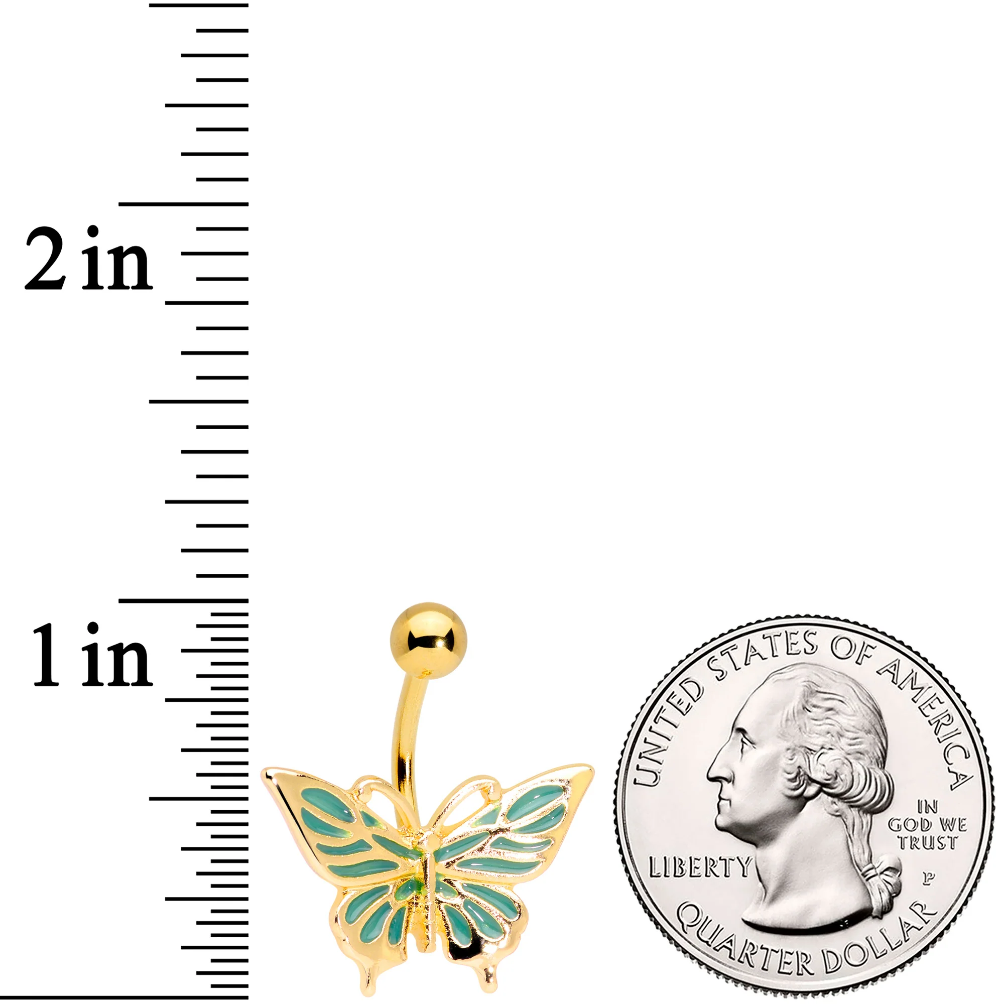 Gold Tone Green Inlay Butterfly Belly Ring - Image 2