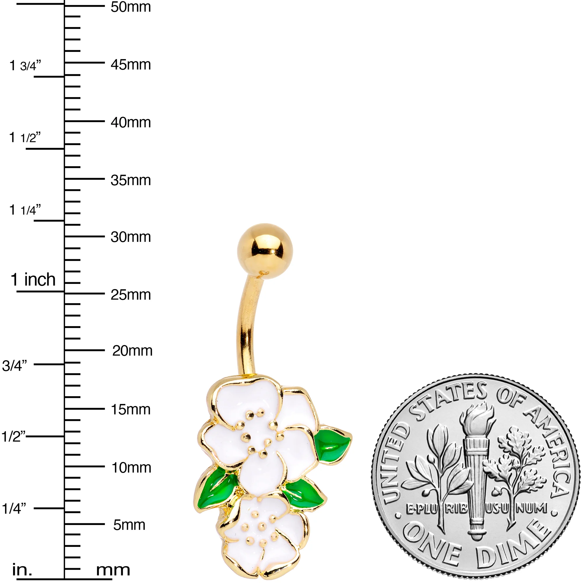 Gold Tone Green Leaf White Spring Flowers Belly Ring - Image 2
