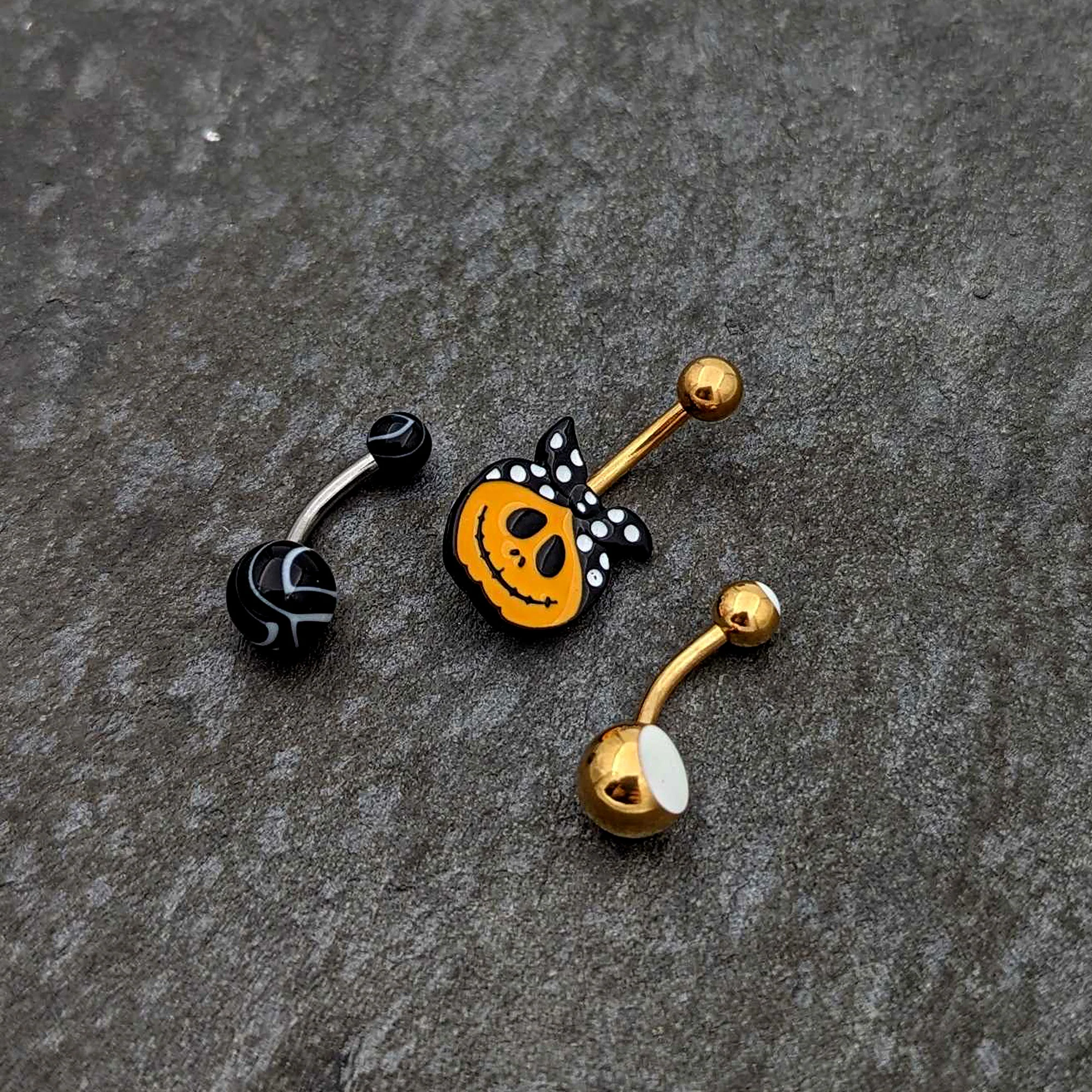 Gold Tone Halloween Country Pumpkin Glow in Dark Belly Ring Set of 3 - Image 6