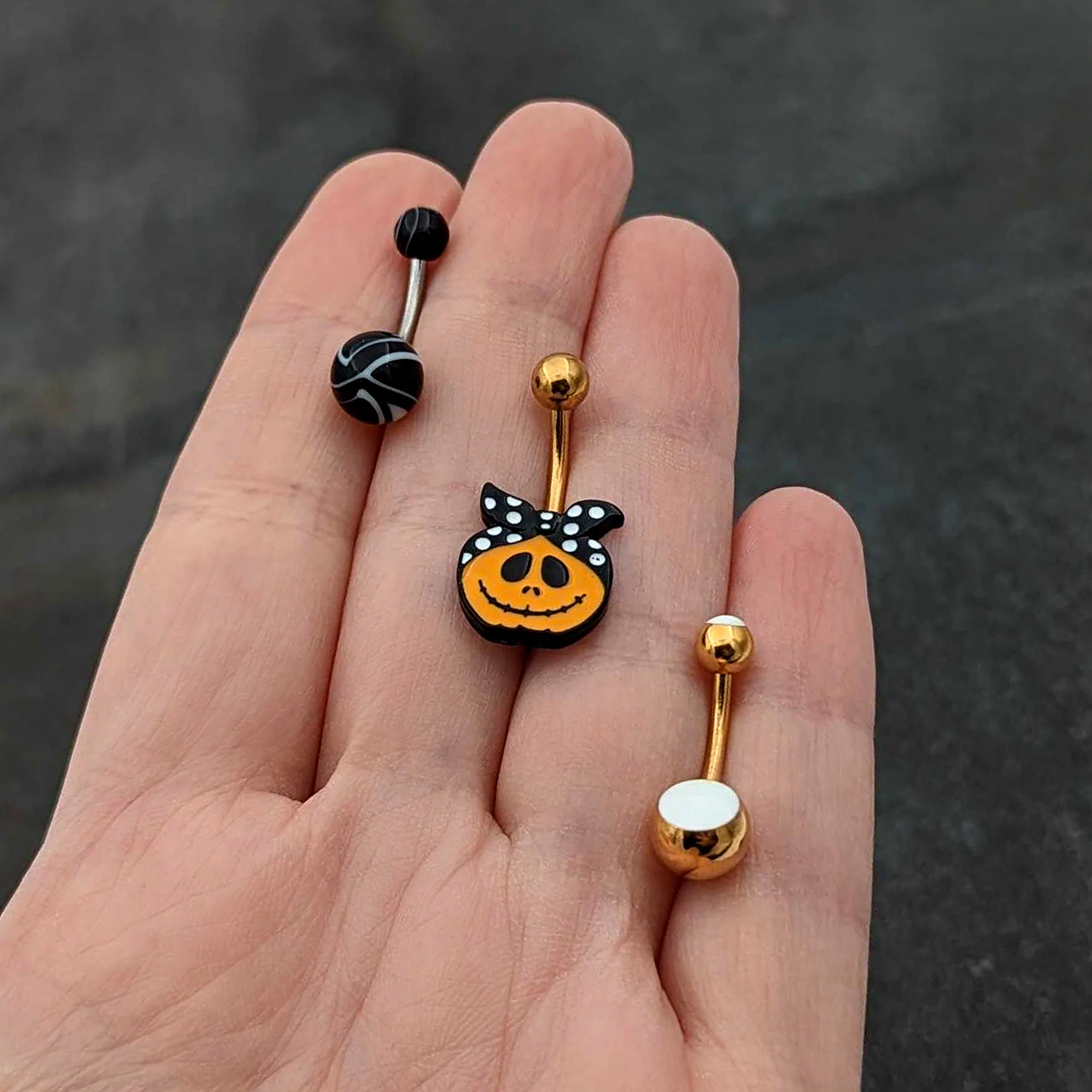 Gold Tone Halloween Country Pumpkin Glow in Dark Belly Ring Set of 3 - Image 8