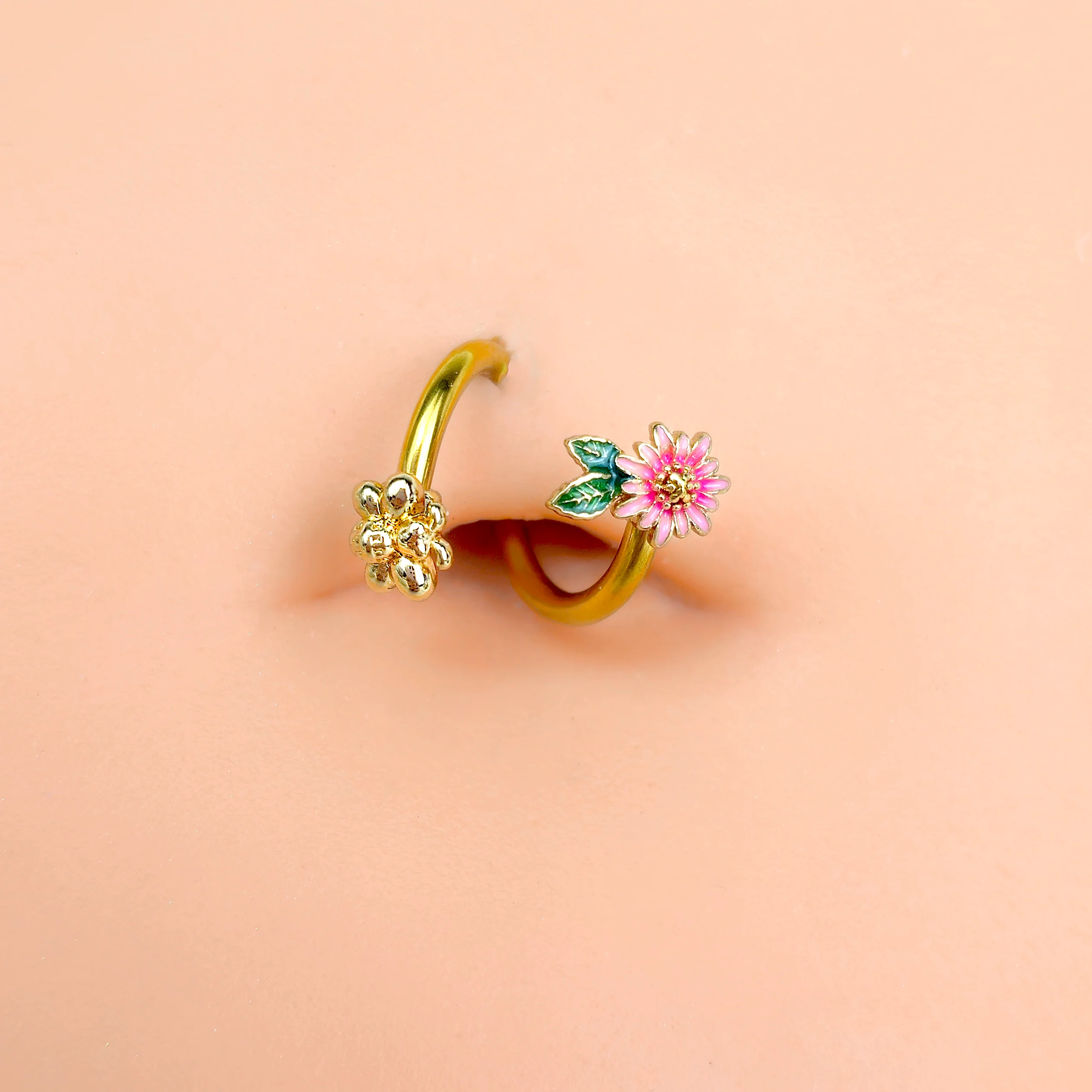 Gold Tone Pink Flower Bee Spiral Twister Belly Ring - Image 2