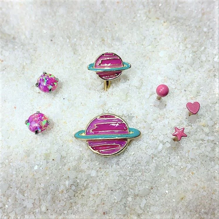 Gold Tone Pink Planet Saturn Double Mount Belly Ring - Image 2