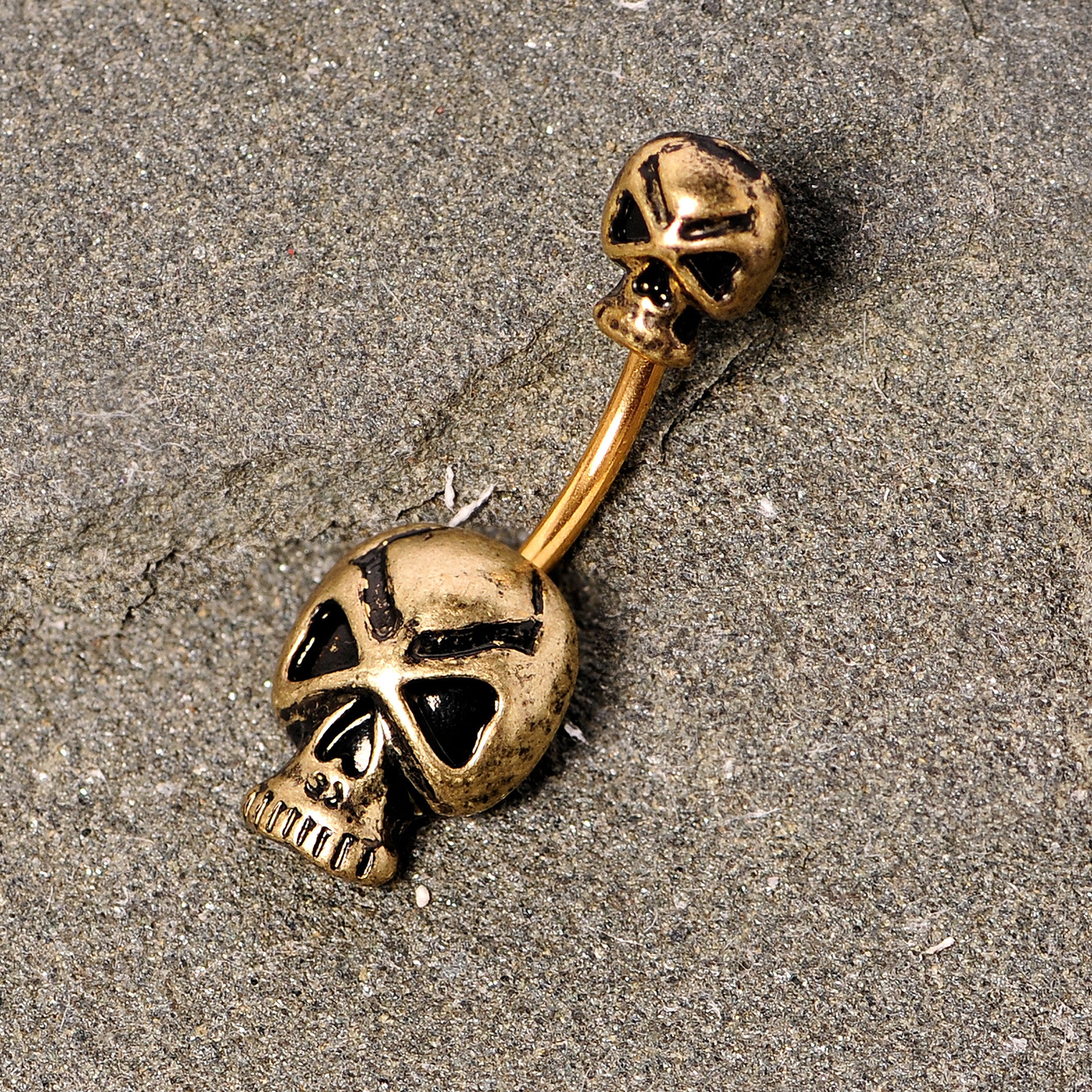 Gold Tone Scary Double Skull Halloween Double Mount Belly Ring - Image 2