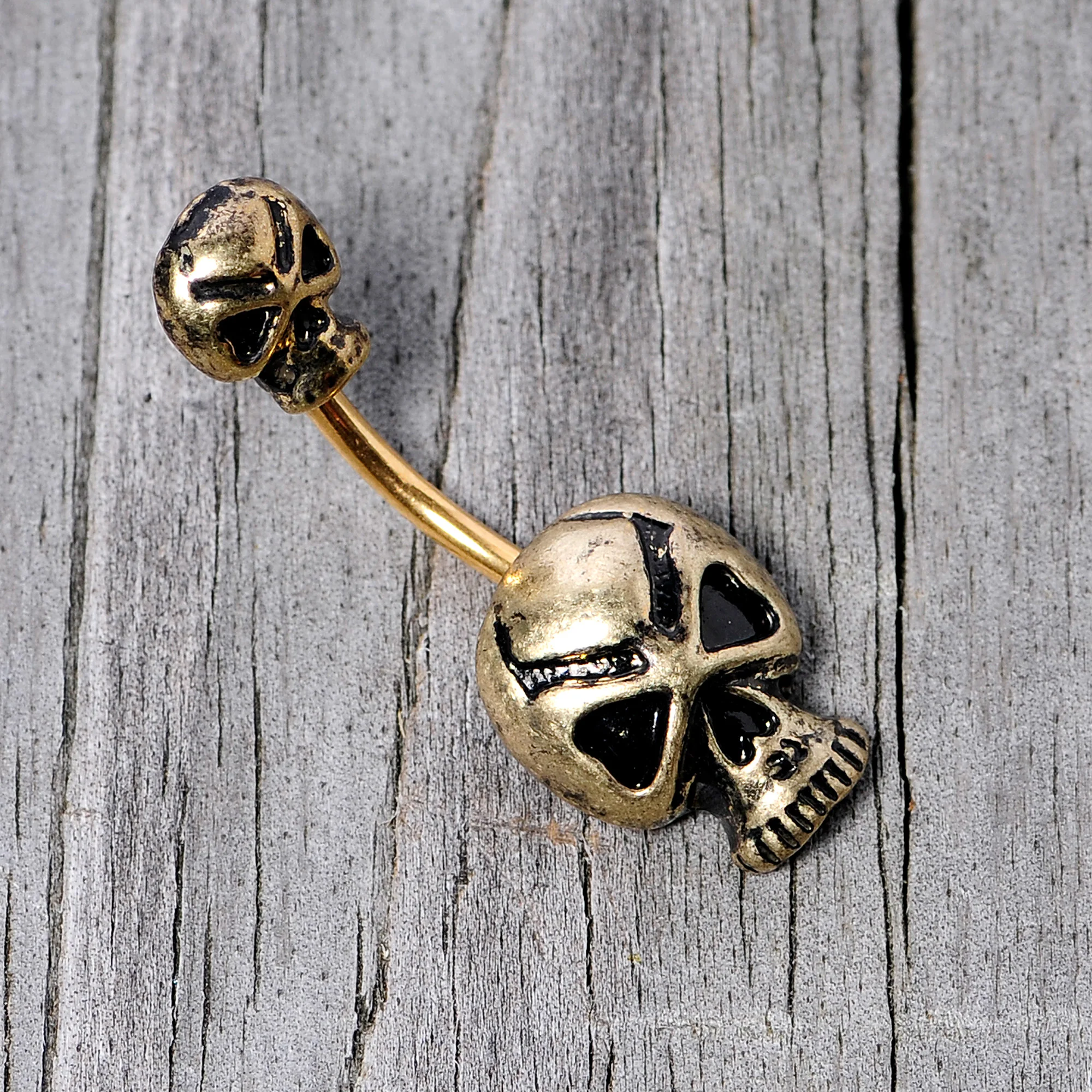 Gold Tone Scary Double Skull Halloween Double Mount Belly Ring - Image 3