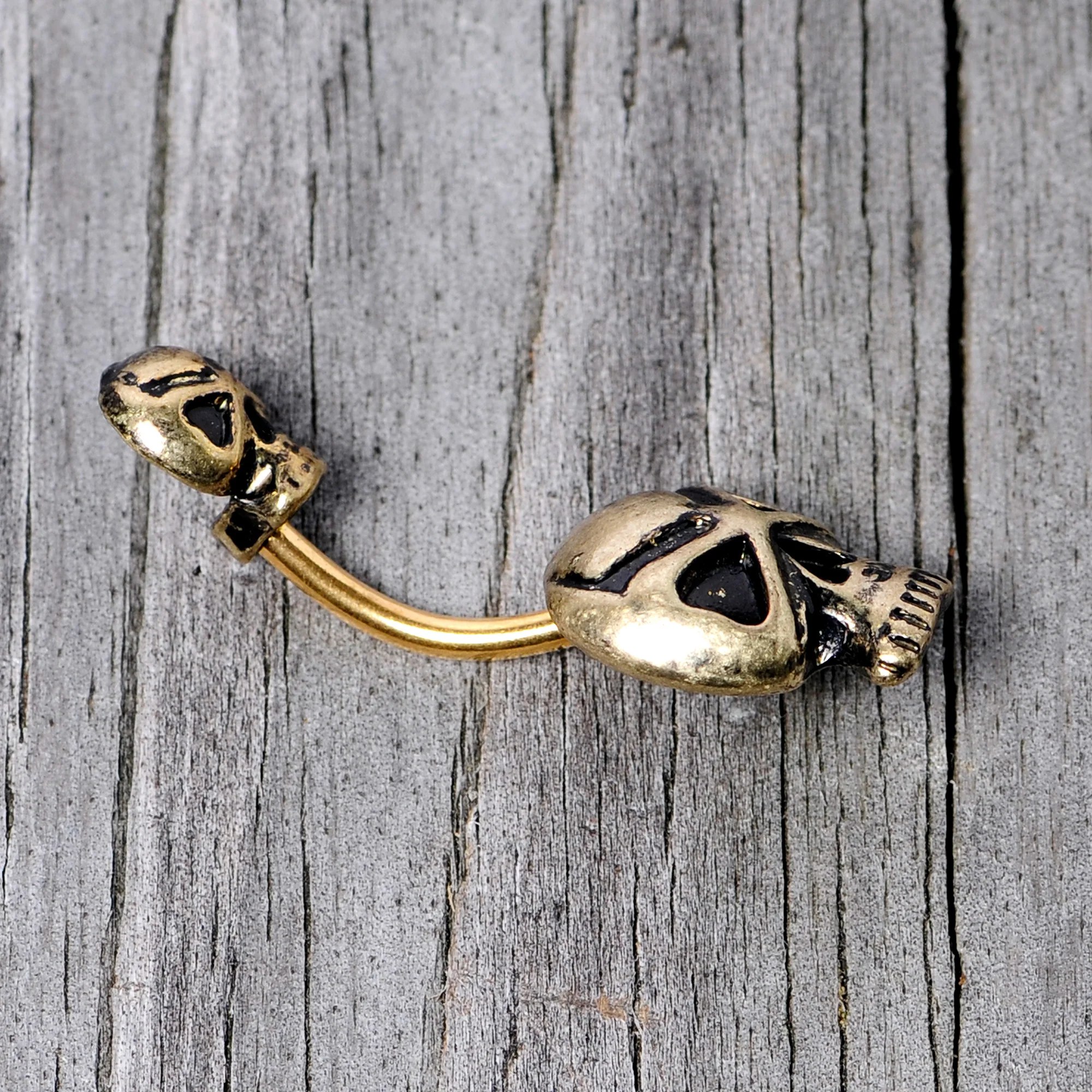 Gold Tone Scary Double Skull Halloween Double Mount Belly Ring - Image 4
