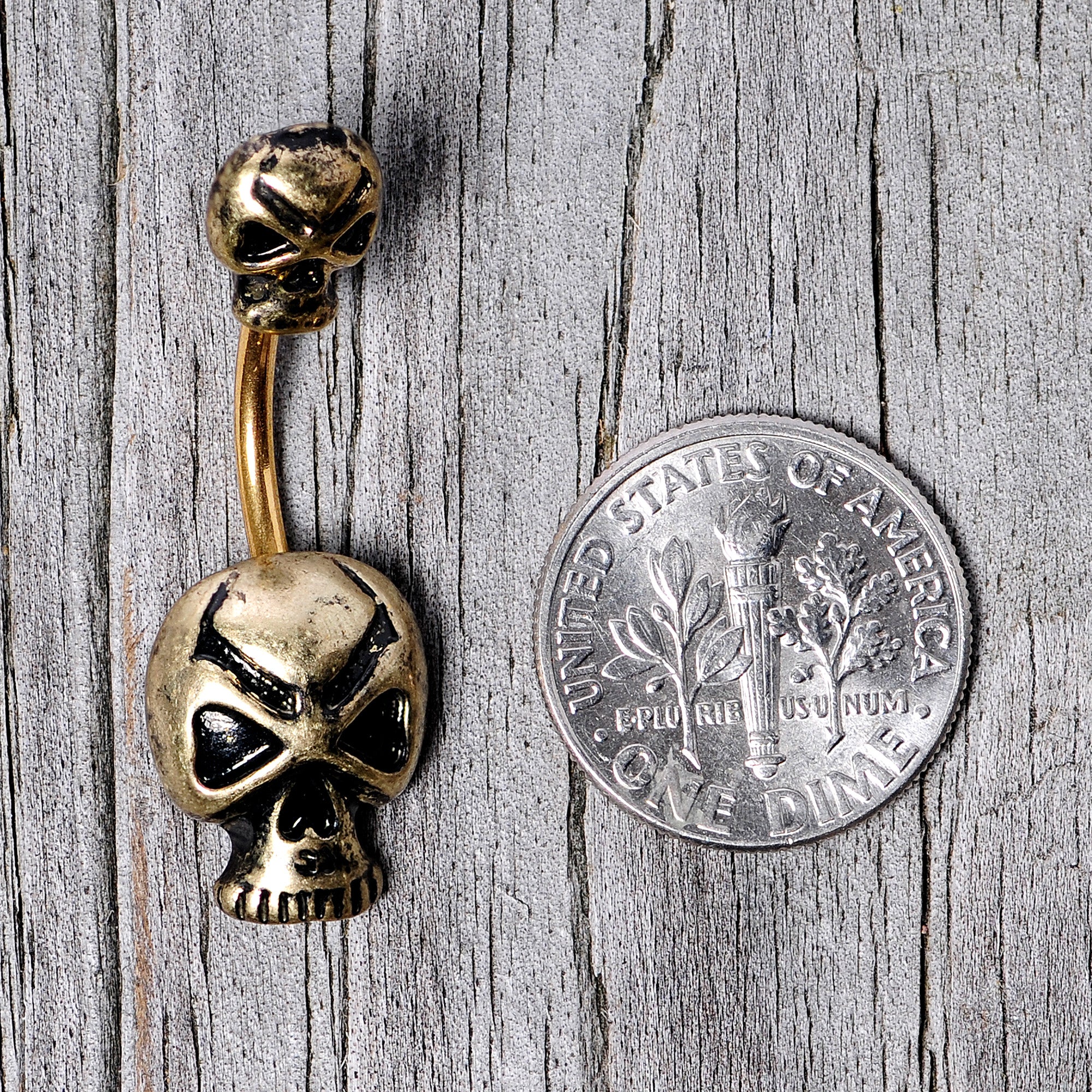 Gold Tone Scary Double Skull Halloween Double Mount Belly Ring - Image 5