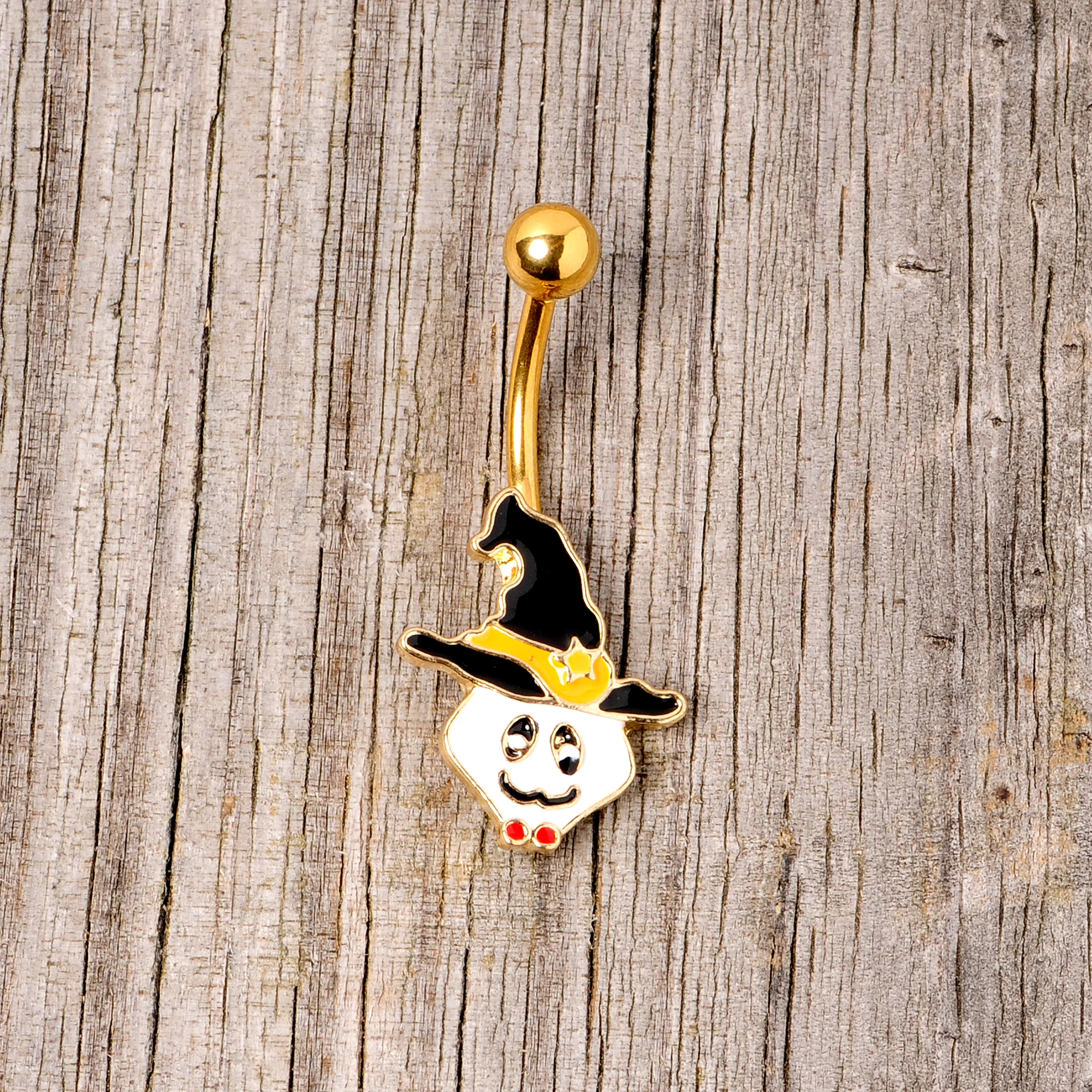 Gold Tone Spooky Ghost Witch Hat Halloween Belly Ring - Image 3