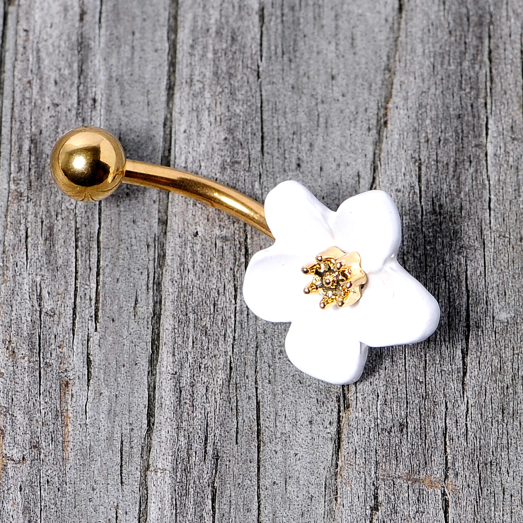 Gold Tone Spring Blossom Pretty White Flower Belly Ring - Image 5