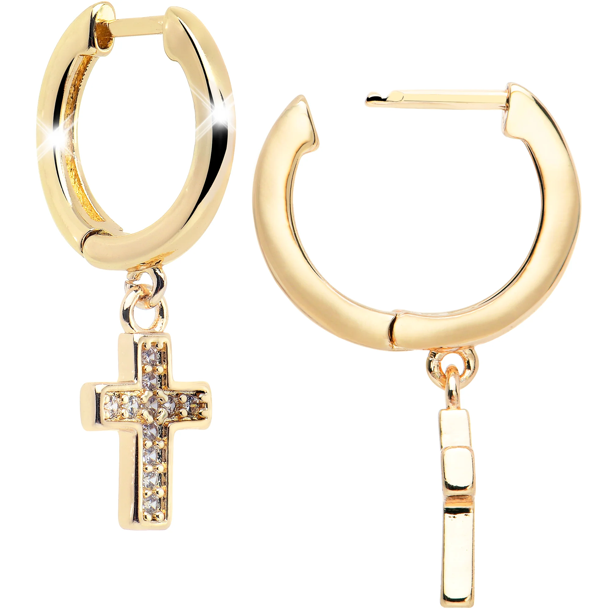 Gold Tone Stainless Steel Hinged Huggie Hoop Cross Dangle Earrings - Image 2
